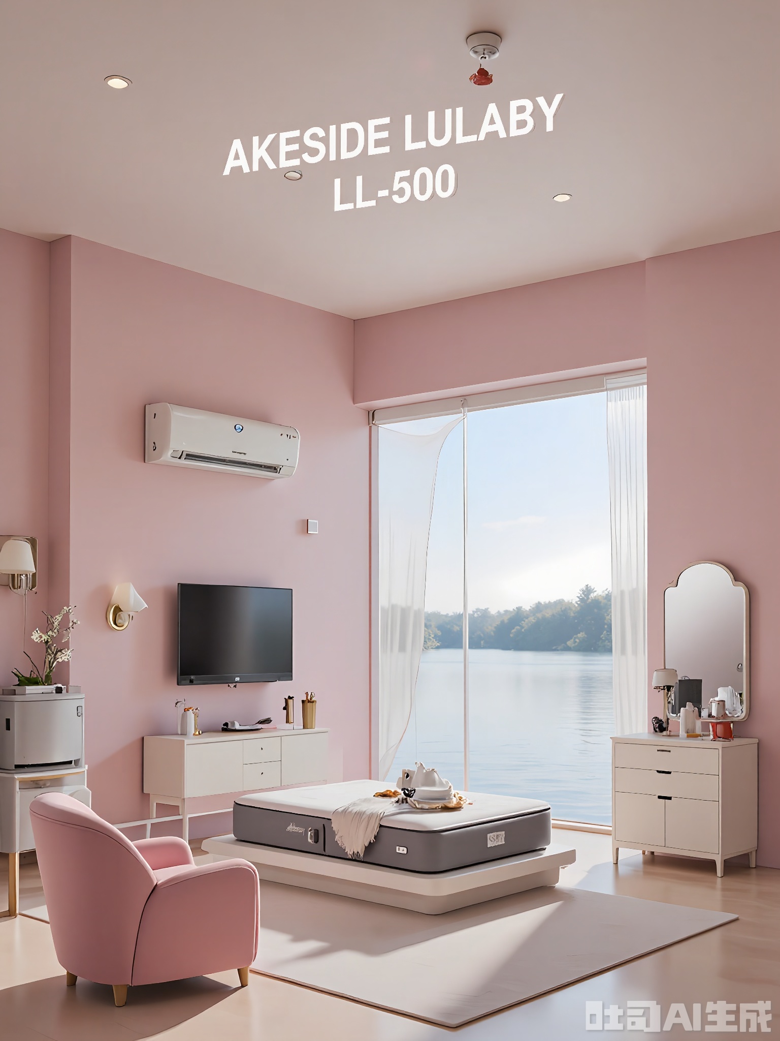 JDHB, A CGI render of a modern, minimalist bedroom with a large window overlooking a serene lake. The bedroom follows a soft pink and gray color theme, with a large sign stating "LAKESIDE LULLABY LL-500" above the bed. It includes a platform bed with a smart mattress that adjusts firmness, a wall-mounted TV, and a dresser with a built-in mirror. A small seating area with a pink armchair and a gray side table provides a place to unwind. The lighting is soft and romantic, creating a lakeside retreat feel.
