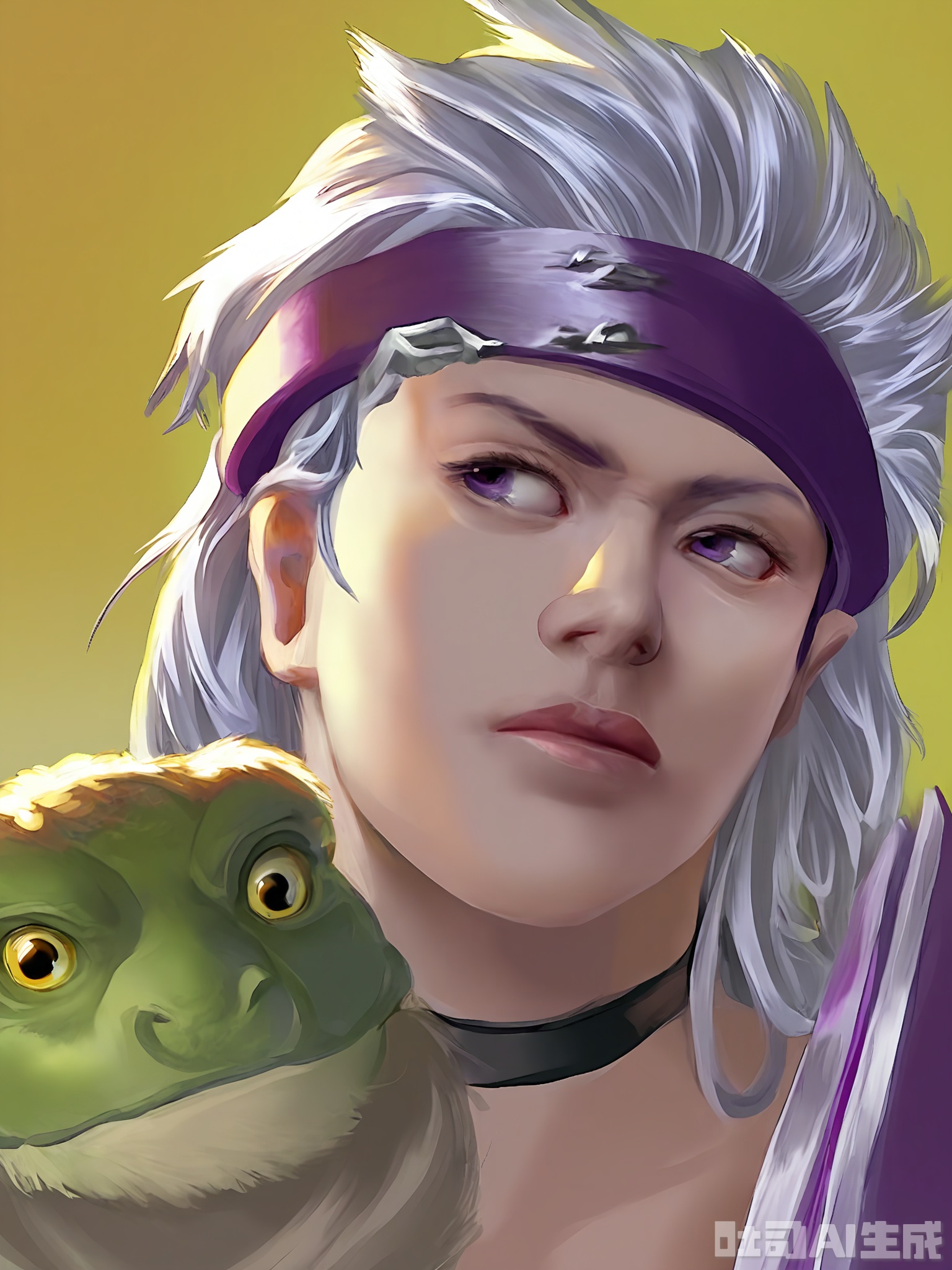 HTTX, A digital painting of a man with long, flowing silver hair, wearing a dark purple headband and a black choker. He has a serious expression and is looking off to the side. The lighting is soft and ethereal, with a glow around his face and hair. The background is a gradient of green and yellow hues. The man's skin is pale, and his eyes are a striking purple. The style is semi-realistic with a fantasy element.
