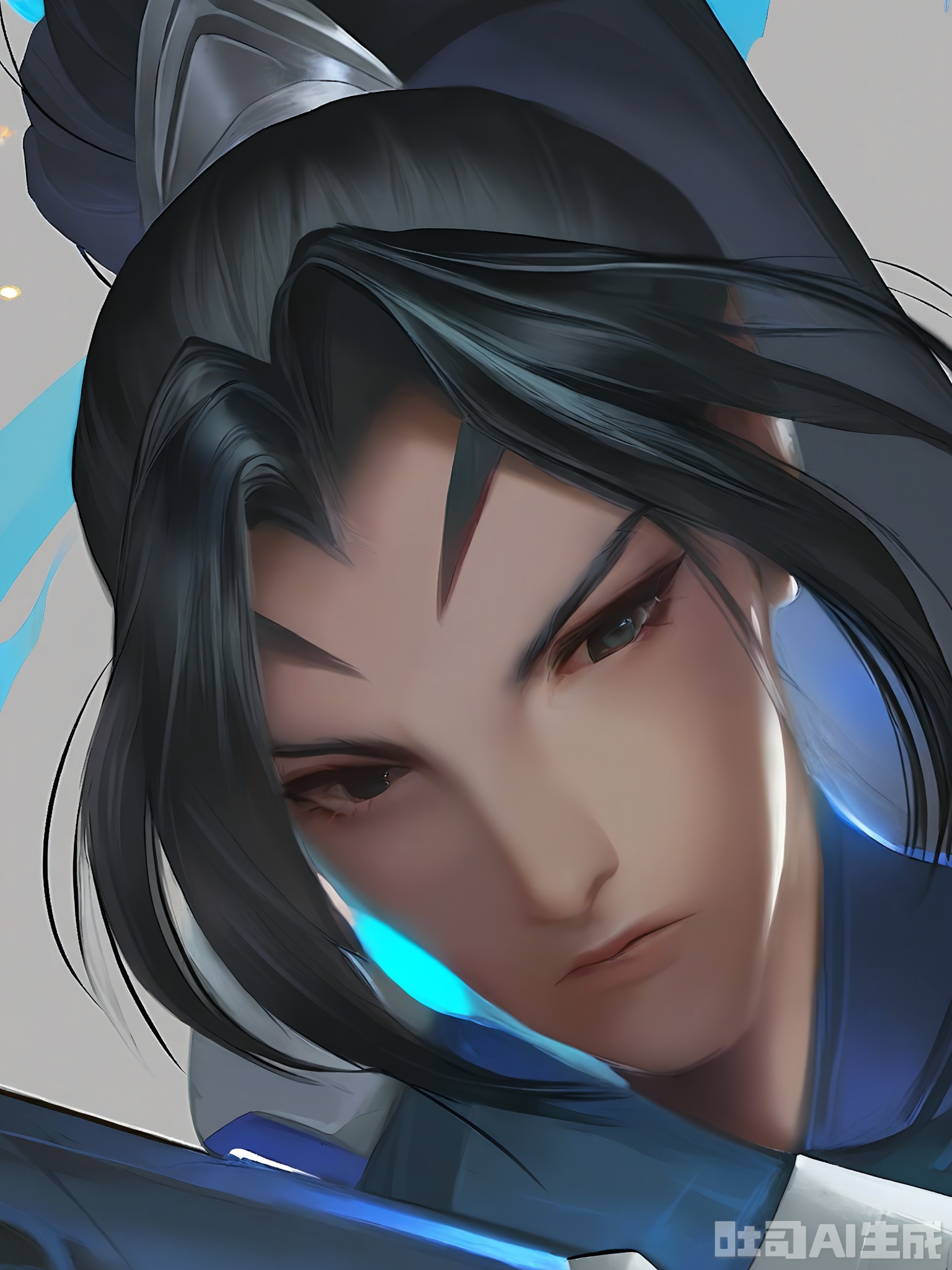 HTTX, A close-up portrait of a young woman with long, flowing black hair, styled in a high ponytail. She has a serious, contemplative expression and is wearing a white, high-collared outfit with intricate detailing. The background is a soft, blue gradient, with a bright light source illuminating her from the right side. The image has a painterly, digital art style with smooth shading and delicate highlights. The focus is on her face and upper torso, with a sense of depth and dimension.
