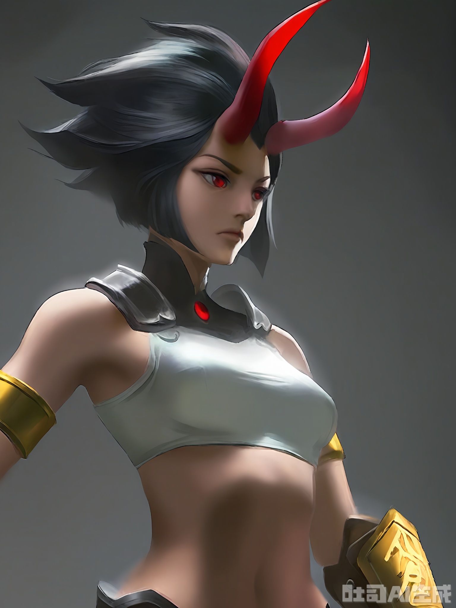 HTTX, digital art, anime style, close-up of a woman with short black hair, red eyes, and two red horns on her head, wearing a white crop top with red ribbons, holding a red and gold fan in her left hand, dark background, detailed shading, soft lighting, medium shot, serious expression, slender physique, small breasts, gold armband, high quality, no watermark, character design, fantasy theme
