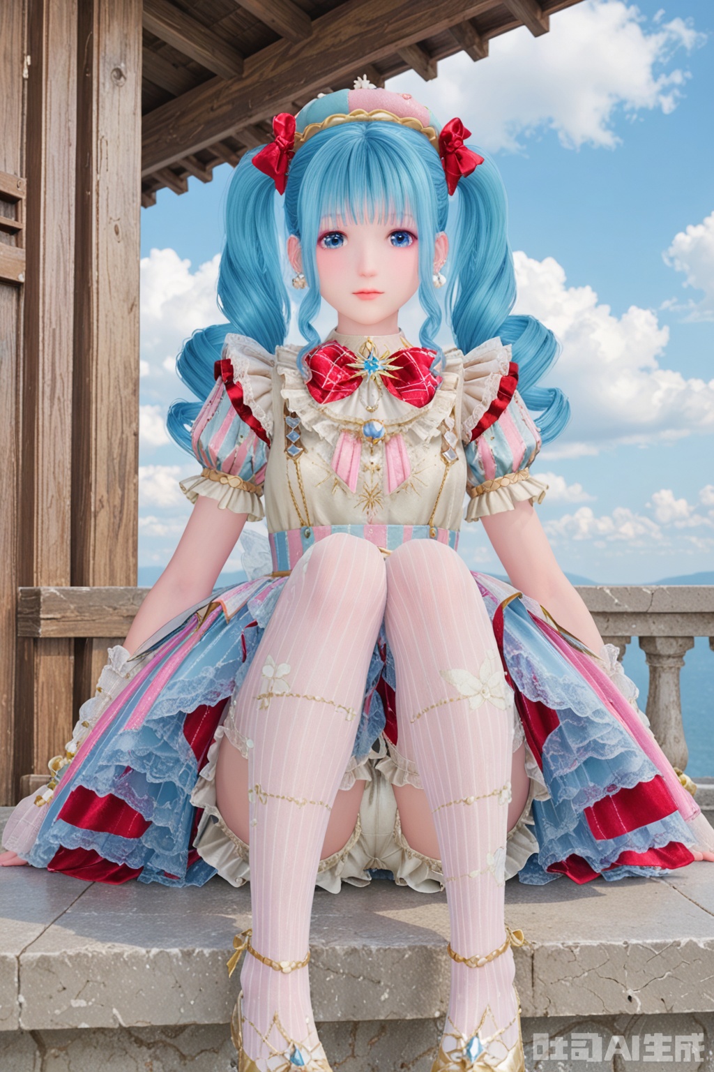 1girl, solo, long hair, looking at viewer, bangs, blue eyes, gloves, hat, dress, bow, twintails, jewelry, closed mouth, underwear, blue hair, standing, short sleeves, hair bow, pantyhose, earrings, frills, sky, striped, puffy sleeves, cloud, red bow, puffy short sleeves, drill hair, gem, multicolored clothes, vertical stripes,bloomers, pearl \(gemstone\),sitting,feet,long_legs, v