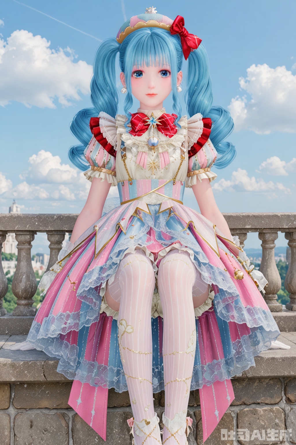 1girl, solo, long hair, looking at viewer, bangs, blue eyes, gloves, hat, dress, bow, twintails, jewelry, closed mouth, underwear, blue hair, standing, short sleeves, hair bow, pantyhose, earrings, frills, sky, striped, puffy sleeves, cloud, red bow, puffy short sleeves, drill hair, gem, multicolored clothes, vertical stripes,bloomers, pearl \(gemstone\),sitting,feet,long_legs, v
