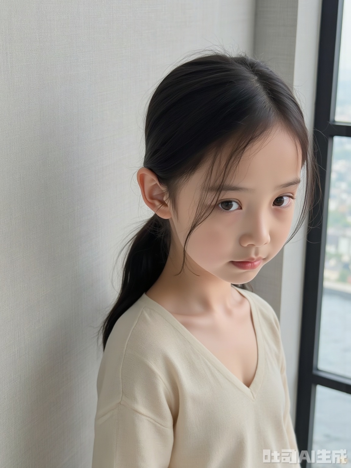 Scene: Simple interior space, light gray linen textured walls are simple and soft, and the metal frames on the side outline calm lines, creating a quiet and simple atmosphere that seems to be able to isolate the hustle and bustle of the outside world.
Character: The little girl tied her ponytail with a neat ponytail, and her black hair naturally hangs down, and a few strands of hair gently brushed her cheeks, adding a little bit of agility. Wearing a light beige V-neck plain dress, she fits her body without showing restraint, showing her innocent purity. She stood quietly, her eyes clear and bright, as if she had little thoughts hidden without sayings, and her lips were slightly pursed, conveying unmodified innocence and indifference.
Atmosphere: Use a minimalist environment to highlight the authenticity of children, and integrate the quiet and pure texture into the picture, like a gentle and simple poem.
Parameters: 8K resolution, f/2.8 aperture, shutter speed 1/160s, ISO 100, using a 50mm lens, flat viewing angle restores the reality, reduces saturation by 10% to highlight the plainness, adds 8% graininess to enhance the rustic atmosphere, and retains the delicate details of hair and clothing.