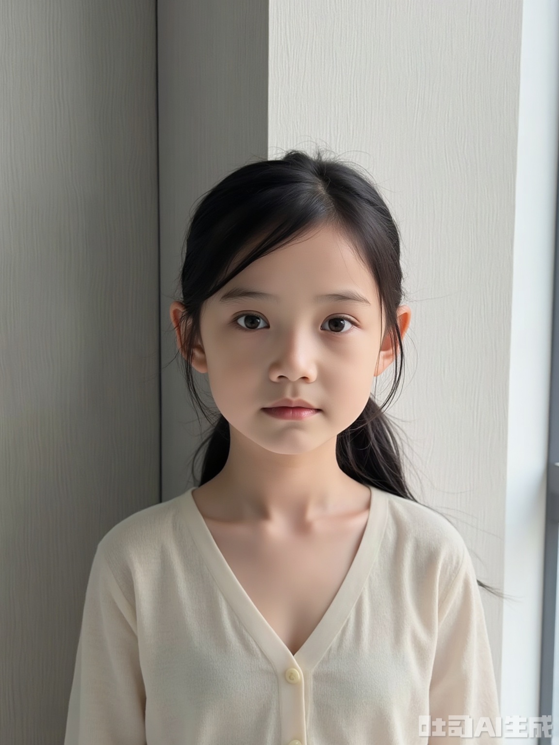 Scene: Simple interior space, light gray linen textured walls are simple and soft, and the metal frames on the side outline calm lines, creating a quiet and simple atmosphere that seems to be able to isolate the hustle and bustle of the outside world.
Character: The little girl tied her ponytail with a neat ponytail, and her black hair naturally hangs down, and a few strands of hair gently brushed her cheeks, adding a little bit of agility. Wearing a light beige V-neck plain dress, she fits her body without showing restraint, showing her innocent purity. She stood quietly, her eyes clear and bright, as if she had little thoughts hidden without sayings, and her lips were slightly pursed, conveying unmodified innocence and indifference.
Atmosphere: Use a minimalist environment to highlight the authenticity of children, and integrate the quiet and pure texture into the picture, like a gentle and simple poem.
Parameters: 8K resolution, f/2.8 aperture, shutter speed 1/160s, ISO 100, using a 50mm lens, flat viewing angle restores the reality, reduces saturation by 10% to highlight the plainness, adds 8% graininess to enhance the rustic atmosphere, and retains the delicate details of hair and clothing.