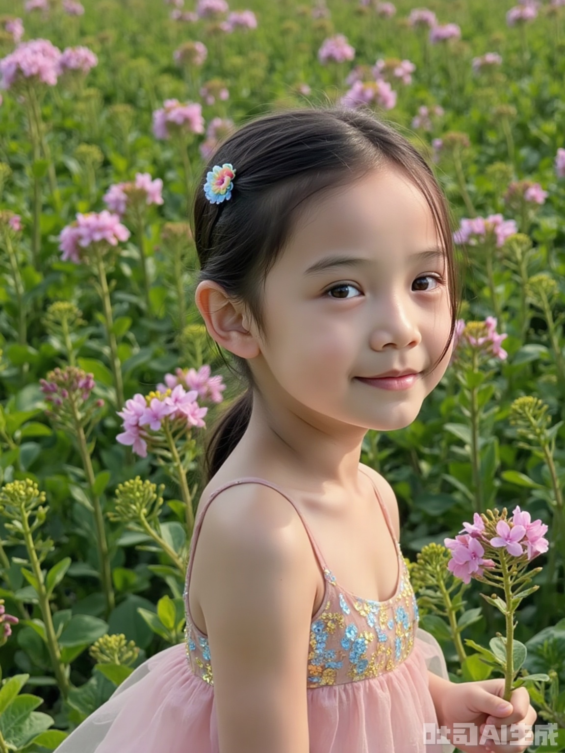 Scene: The secret garden in a summer afternoon, the pink and purple crape myrtle flowers fall like a star rain, and the sunlight leaking between the petals condenses into golden silk threads, shading the air into honey. The green background is hazy water in the high temperature, like undry watercolors, creating a surreal and dreamy atmosphere.
Character: The little girl with a single ponytail, her hair is covered with gold powder by the sun, and the blue vermicelli stripes of her hair accessories turn into a flowing rainbow in the light and shadow. The light pink mesh skirt wraps the body like a cloud, and the sequins tremble slightly with breathing, as if they are hiding the tiny starlight. She relies on flowers, her side face is softened by petals, her eyes are clear ponds without dust, and the smile on the corners of her mouth is filled with gentle arcs, weaving the poetry of innocence and nature.
Atmosphere: Reconstruct reality with surreal light and shadow, making childhood a glowing dream, and every wisp of air flows with quiet romance.
Parameters: 8K resolution, f/1.8 large aperture, shutter speed 1/500s freeze light and shadow tremor, ISO 800 enhances the graininess of the film, uses a 50mm lens to close to the child's perspective, adds 30% golden highlights to simulate the sun's penetration, and adds a 20% watercolor smudge filter to allow the background and the edges of the characters to naturally melt.
If you want to adjust the artistic style (such as dark fairy tales, retro oil paintings), or strengthen certain types of light and shadow elements, you can supplement your needs at any time~