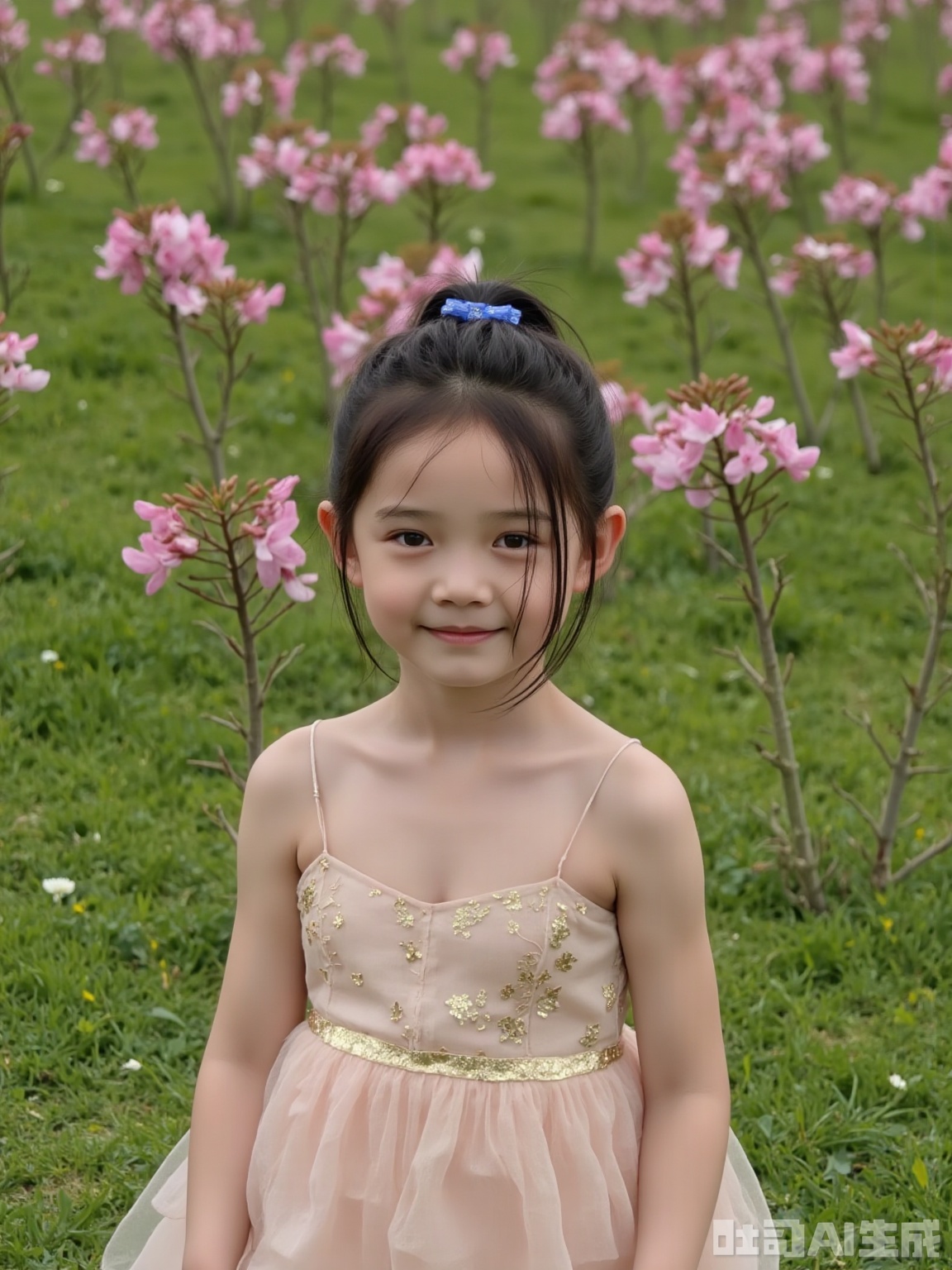 Scene: The secret garden in a summer afternoon, the pink and purple crape myrtle flowers fall like a star rain, and the sunlight leaking between the petals condenses into golden silk threads, shading the air into honey. The green background is hazy water in the high temperature, like undry watercolors, creating a surreal and dreamy atmosphere.
Character: The little girl with a single ponytail, her hair is covered with gold powder by the sun, and the blue vermicelli stripes of her hair accessories turn into a flowing rainbow in the light and shadow. The light pink mesh skirt wraps the body like a cloud, and the sequins tremble slightly with breathing, as if they are hiding the tiny starlight. She relies on flowers, her side face is softened by petals, her eyes are clear ponds without dust, and the smile on the corners of her mouth is filled with gentle arcs, weaving the poetry of innocence and nature.
Atmosphere: Reconstruct reality with surreal light and shadow, making childhood a glowing dream, and every wisp of air flows with quiet romance.
Parameters: 8K resolution, f/1.8 large aperture, shutter speed 1/500s freeze light and shadow tremor, ISO 800 enhances the graininess of the film, uses a 50mm lens to close to the child's perspective, adds 30% golden highlights to simulate the sun's penetration, and adds a 20% watercolor smudge filter to allow the background and the edges of the characters to naturally melt.
If you want to adjust the artistic style (such as dark fairy tales, retro oil paintings), or strengthen certain types of light and shadow elements, you can supplement your needs at any time~