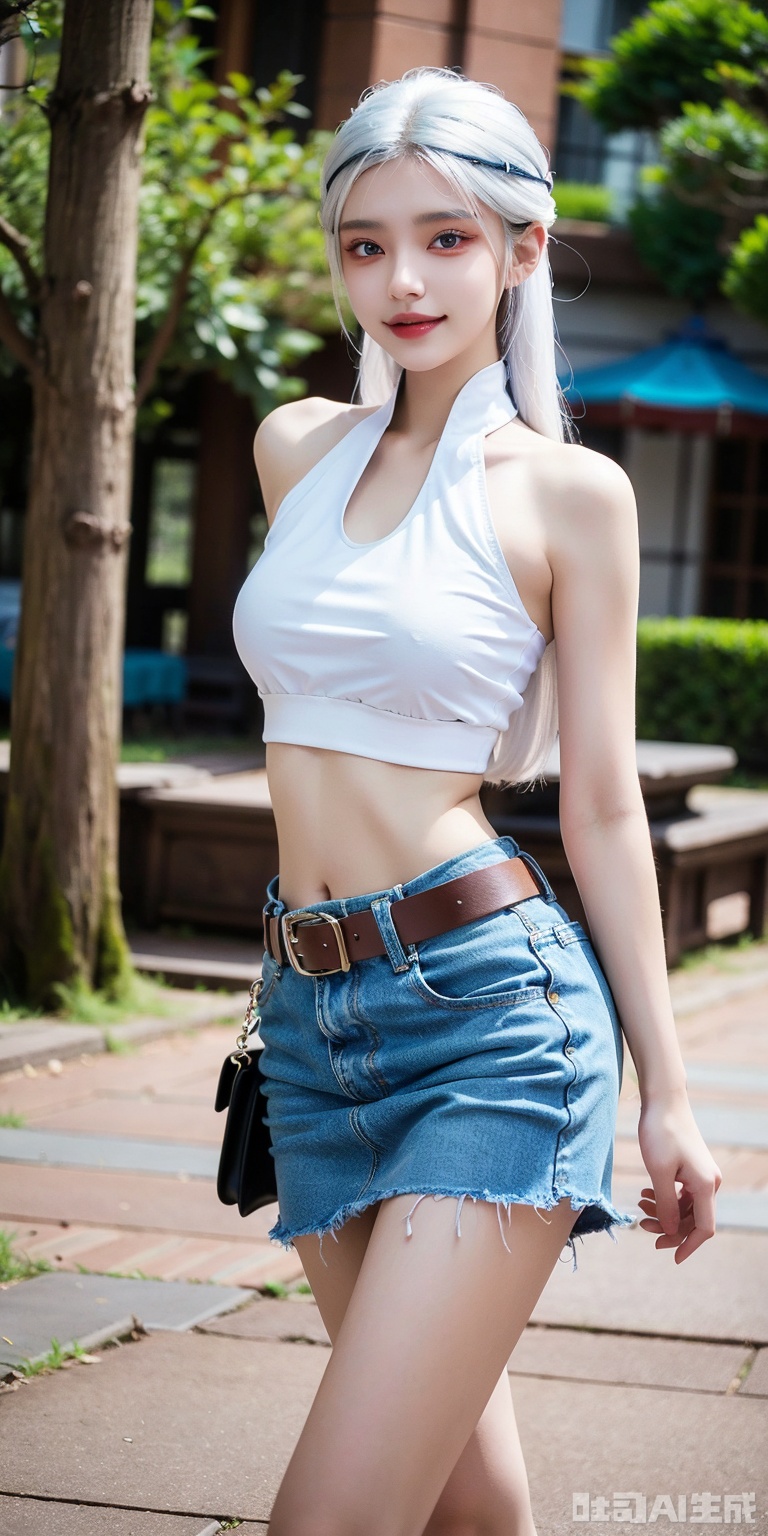  1girl,kind smile, bare_shoulders, belt, blurry, blurry_background, blurry_foreground, branch,  , , collarbone, cosplay_photo, denim, denim_skirt, depth_of_field, hand_on_own_chest, lips, , looking_at_viewer, midriff, miniskirt, motion_blur, navel, outdoors, photo_\(medium\), realistic, skirt, solo, standing, tree,zhihua,white hair,blue eyes