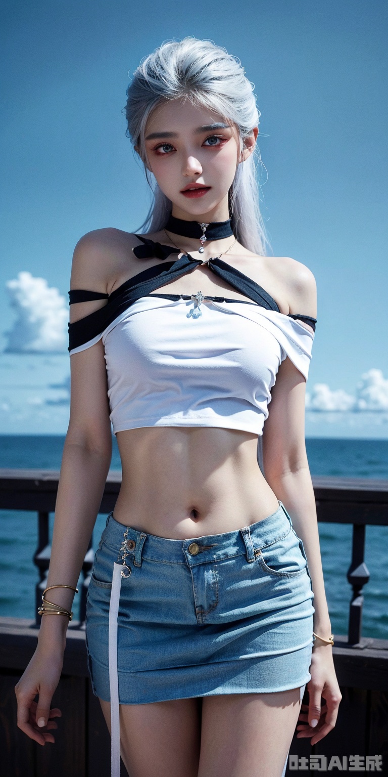 best quality, masterpiece, realistic,cowboy_shot,(Good structure), DSLR Quality,Depth of field,kind smile,looking_at_viewer,Dynamic pose, ,Short skirt,Blue sky, white clouds, ocean, nai3, 1girl, solo, crop top, , choker, navel, shirt, midriff, crop top overhang, looking at viewer, white shirt, jewelry, breasts, bare shoulders, off-shoulder shirt, off shoulder, black choker, thighs, stomach, long hair, bracelet, short sleeves, ribbon, hand up, collarbone, hair ribbon, medium breasts, , , hair ornament, thigh gap, necklace, expressionless,zhihua,white hair,blue eyes