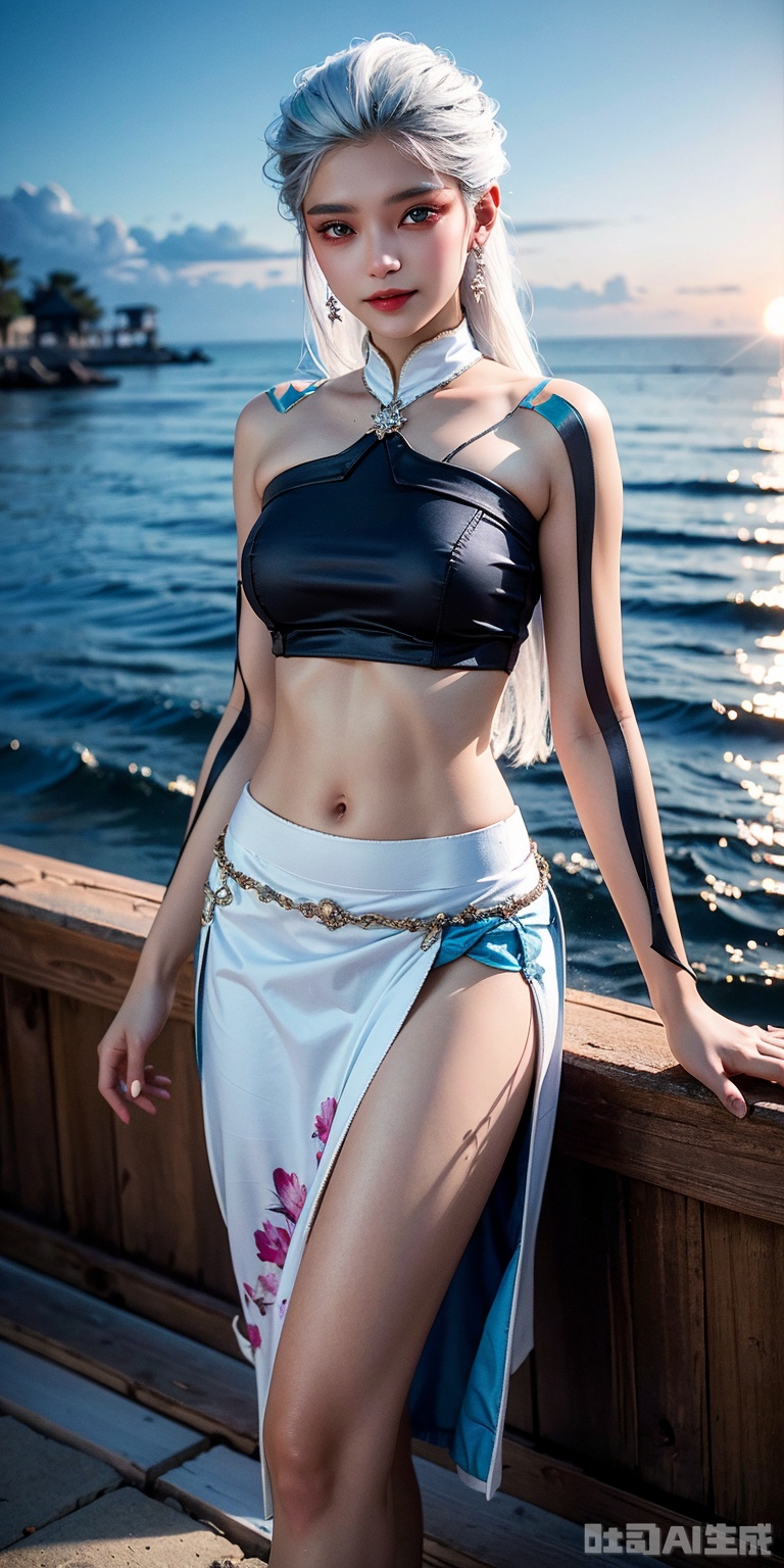 best quality, masterpiece, realistic,cowboy_shot,(Good structure), DSLR Quality,Depth of field,kind smile,looking_at_viewer,Dynamic pose, 
1girl, solo, long hair, , looking at viewer, skirt, hair ornament, bare shoulders, jewelry, , earrings, outdoors, midriff, water, necklace, lips, crop top, leaning forward, ocean, white skirt, strapless vest, sunset, sun,zhihua,white hair,blue eyes