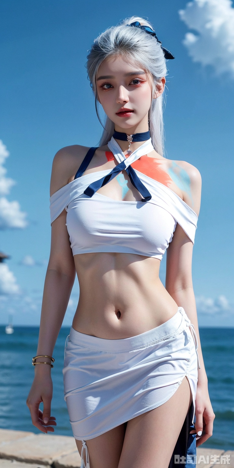 best quality, masterpiece, realistic,cowboy_shot,(Good structure), DSLR Quality,Depth of field,kind smile,looking_at_viewer,Dynamic pose, ,Short skirt,Blue sky, white clouds, ocean, nai3, 1girl, solo, crop top, , choker, navel, shirt, midriff, crop top overhang, looking at viewer, white shirt, jewelry, breasts, bare shoulders, off-shoulder shirt, off shoulder, black choker, thighs, stomach, long hair, bracelet, short sleeves, ribbon, hand up, collarbone, hair ribbon, medium breasts, , , hair ornament, thigh gap, necklace, expressionless,zhihua,white hair,blue eyes