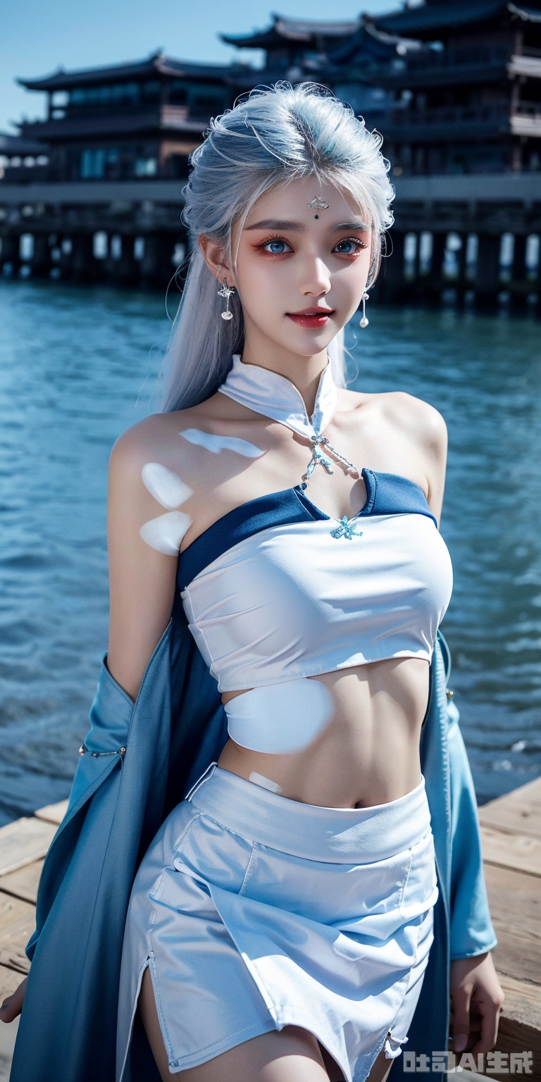 best quality, masterpiece, realistic,cowboy_shot,(Good structure), DSLR Quality,Depth of field,kind smile,looking_at_viewer,Dynamic pose, 
1girl, solo, long hair, , looking at viewer, skirt, hair ornament, bare shoulders, jewelry, , earrings, outdoors, midriff, water, necklace, lips, crop top, leaning forward, ocean, white skirt, strapless vest, sunset, sun,zhihua,white hair,blue eyes