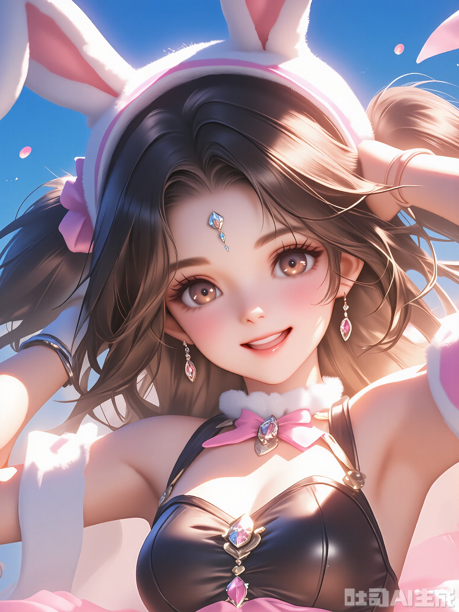 HTTX, Digital art of a cute anime girl with long brown hair tied into two high ponytails, wearing a black and pink bunny outfit with fluffy white trim. She has large, expressive brown eyes and a small, sparkling gem on her forehead. The background is a bright blue sky with fluffy white clouds. The girl is reaching out towards the viewer with a playful expression. The style is vibrant and detailed, with a soft, dreamy atmosphere.