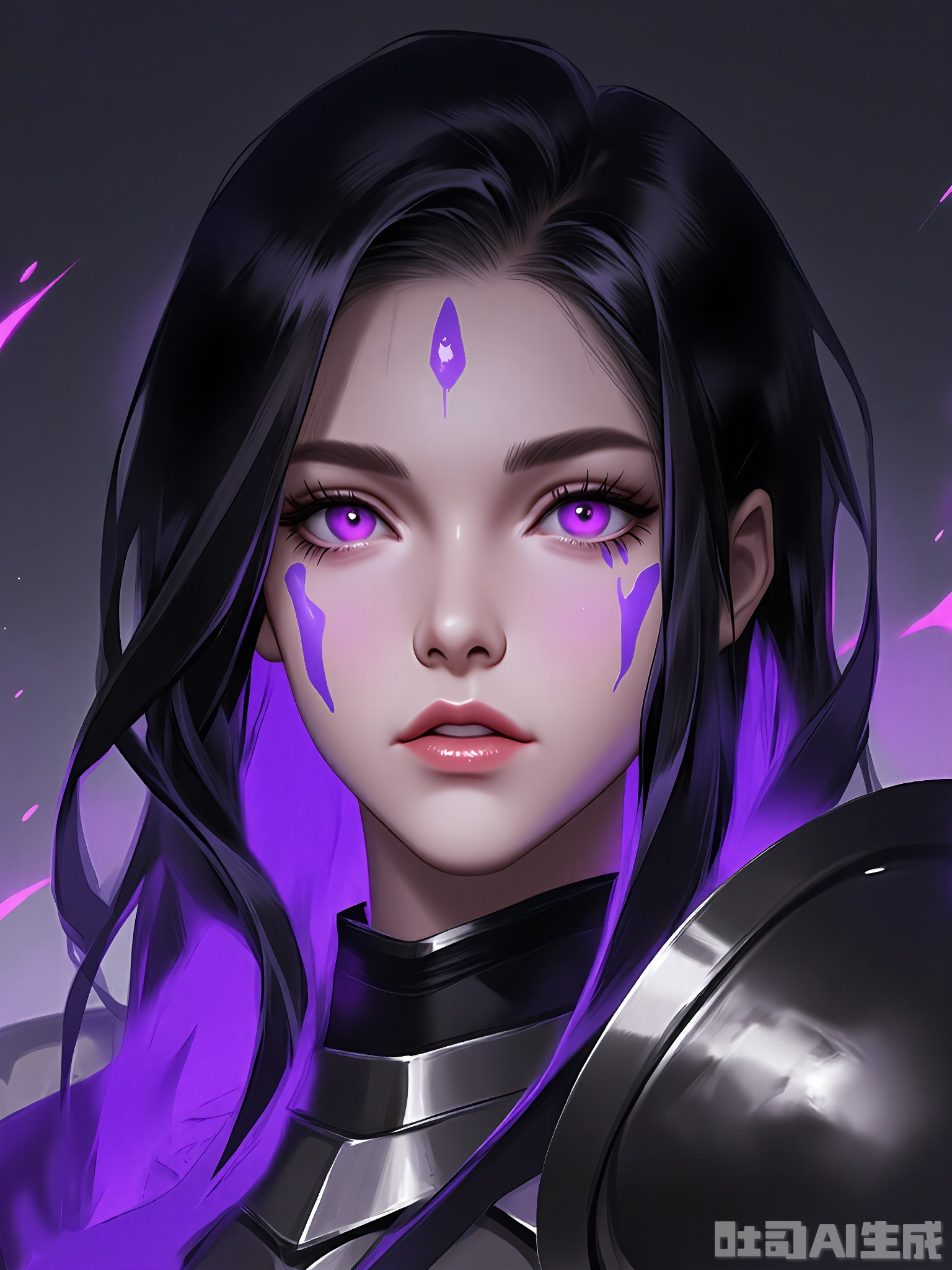 HTTX, A digital painting of a young woman with long, wavy black hair and purple highlights. She has a serious expression, with a small, pointed nose and full lips. Her eyes are a striking purple, matching the highlights in her hair. She has purple markings on her cheeks and forehead. She wears a black, armored outfit with a high collar. The background is dark and abstract, with a glowing, ethereal light illuminating her face. The style is realistic with a touch of fantasy.