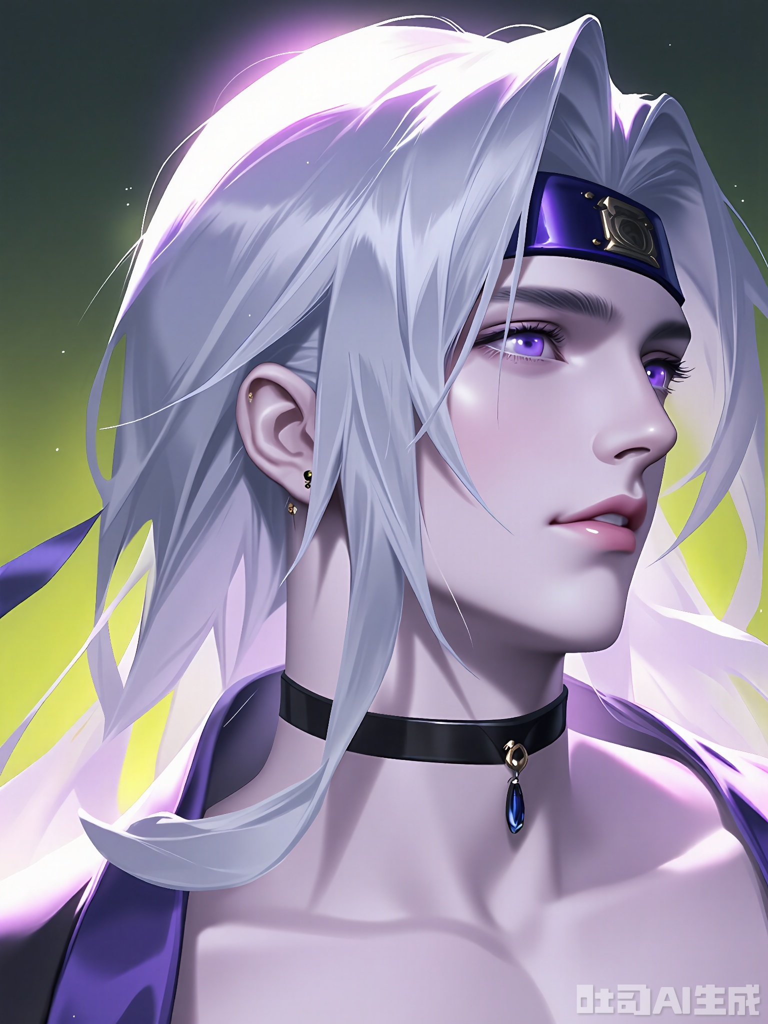 HTTX, A digital painting of a man with long, flowing silver hair, wearing a dark purple headband and a black choker. He has a serious expression and is looking off to the side. The lighting is soft and ethereal, with a glow around his face and hair. The background is a gradient of green and yellow hues. The man's skin is pale, and his eyes are a striking purple. The style is semi-realistic with a fantasy element.