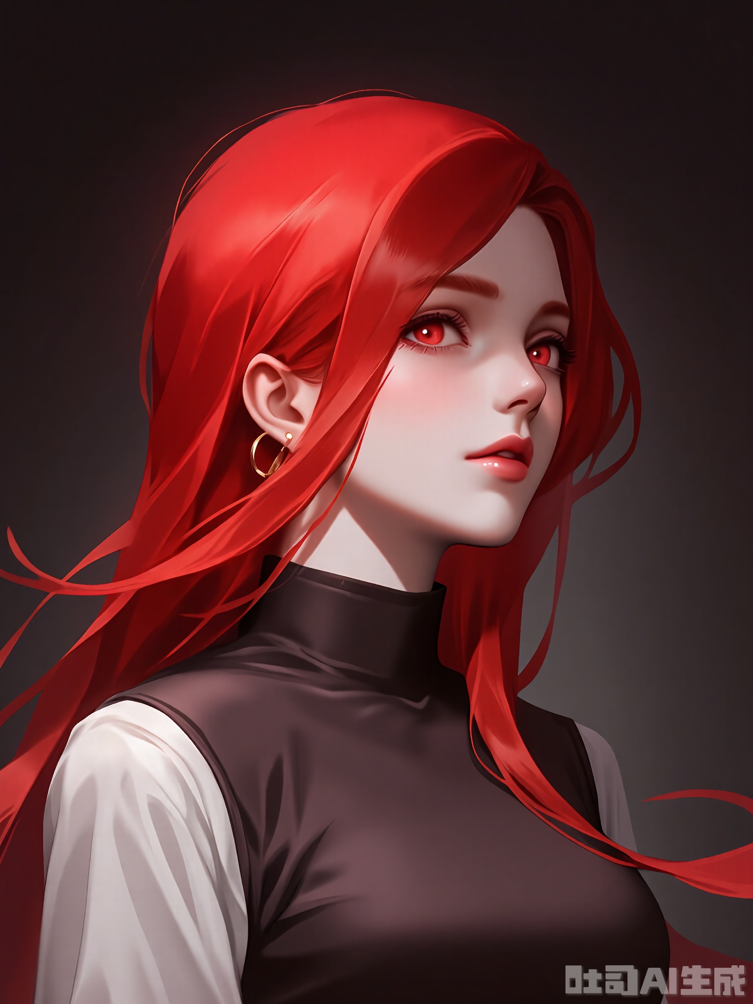 HTTX, A digital painting of a young woman with long, flowing red hair, styled with a side part. She has a fair complexion and striking red eyes, giving her a mystical appearance. Her expression is calm and slightly melancholic. She wears a dark, high-collared top with a white shirt underneath. The background is a dark, gradient blend, adding depth to the image. The lighting highlights her hair and face, creating a soft glow. The style is semi-realistic with a touch of fantasy.
