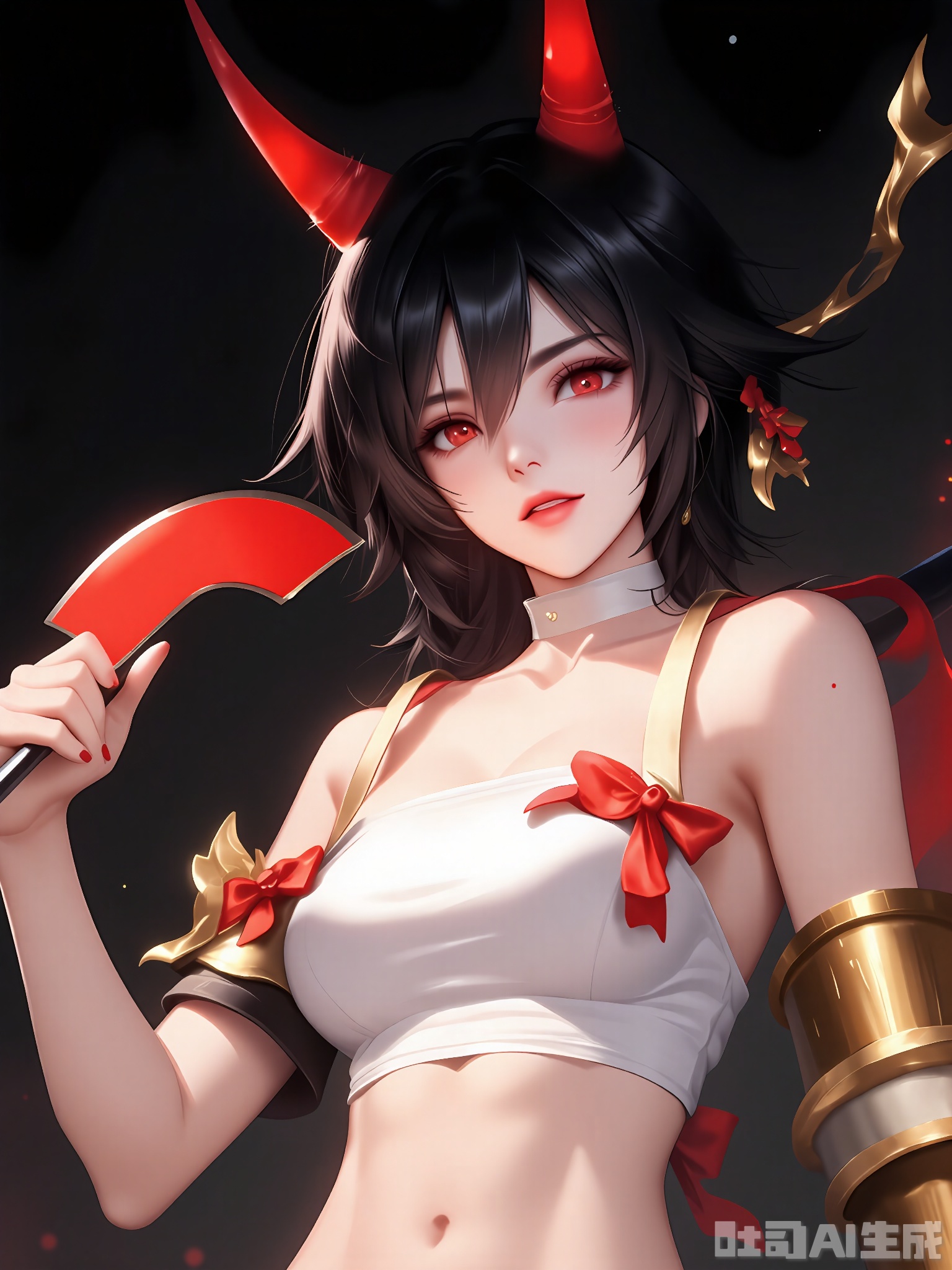 HTTX, digital art, anime style, close-up of a woman with short black hair, red eyes, and two red horns on her head, wearing a white crop top with red ribbons, holding a red and gold fan in her left hand, dark background, detailed shading, soft lighting, medium shot, serious expression, slender physique, small breasts, gold armband, high quality, no watermark, character design, fantasy theme