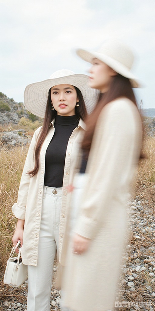 Exercise quickly,a woman with long dark brown hair,wearing a white button-down shirt with a black t-shirt underneath. She is standing in a field of dried grass and rocks,her left hand resting on her hip. Her right hand is positioned in front of her face,her right hand holding a white purse. Her left hand is resting on the left side of her body. She has a white hat on her head,with a wide brim. The background is blurred,but it is a cloudy day.