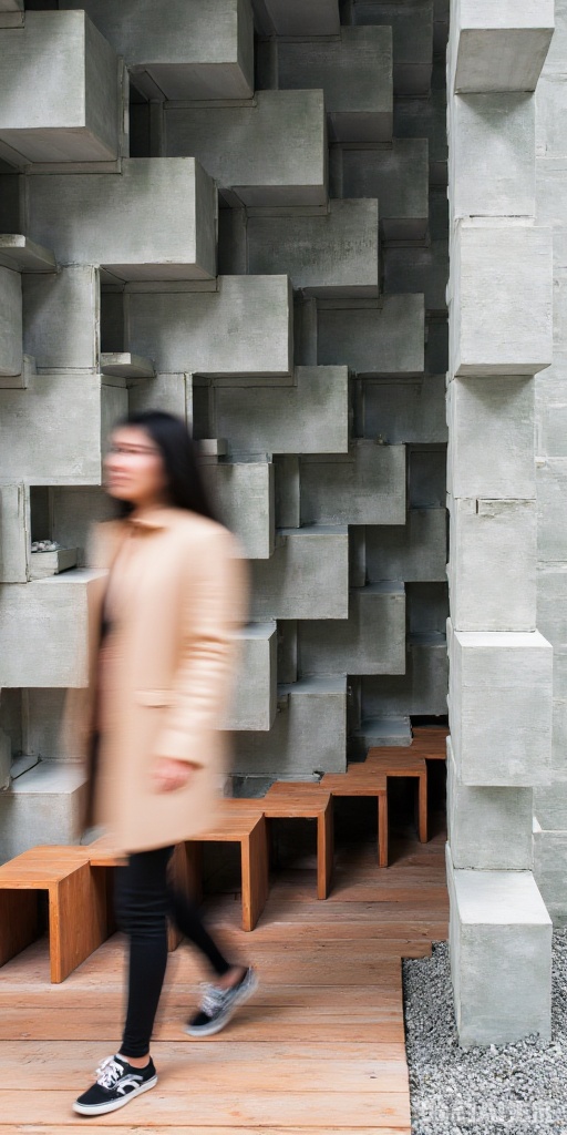 Exercise quickly

a woman in a peach jacket

black pants

and black and white sneakers is walking on a wooden platform. The woman's arms are outstretched

her hair is black

and she is facing the left side of the frame. To the right of the woman

there is a gray structure that is made up of gray concrete blocks. The concrete blocks are arranged in a grid pattern

with a row of brown wooden benches in the background.


