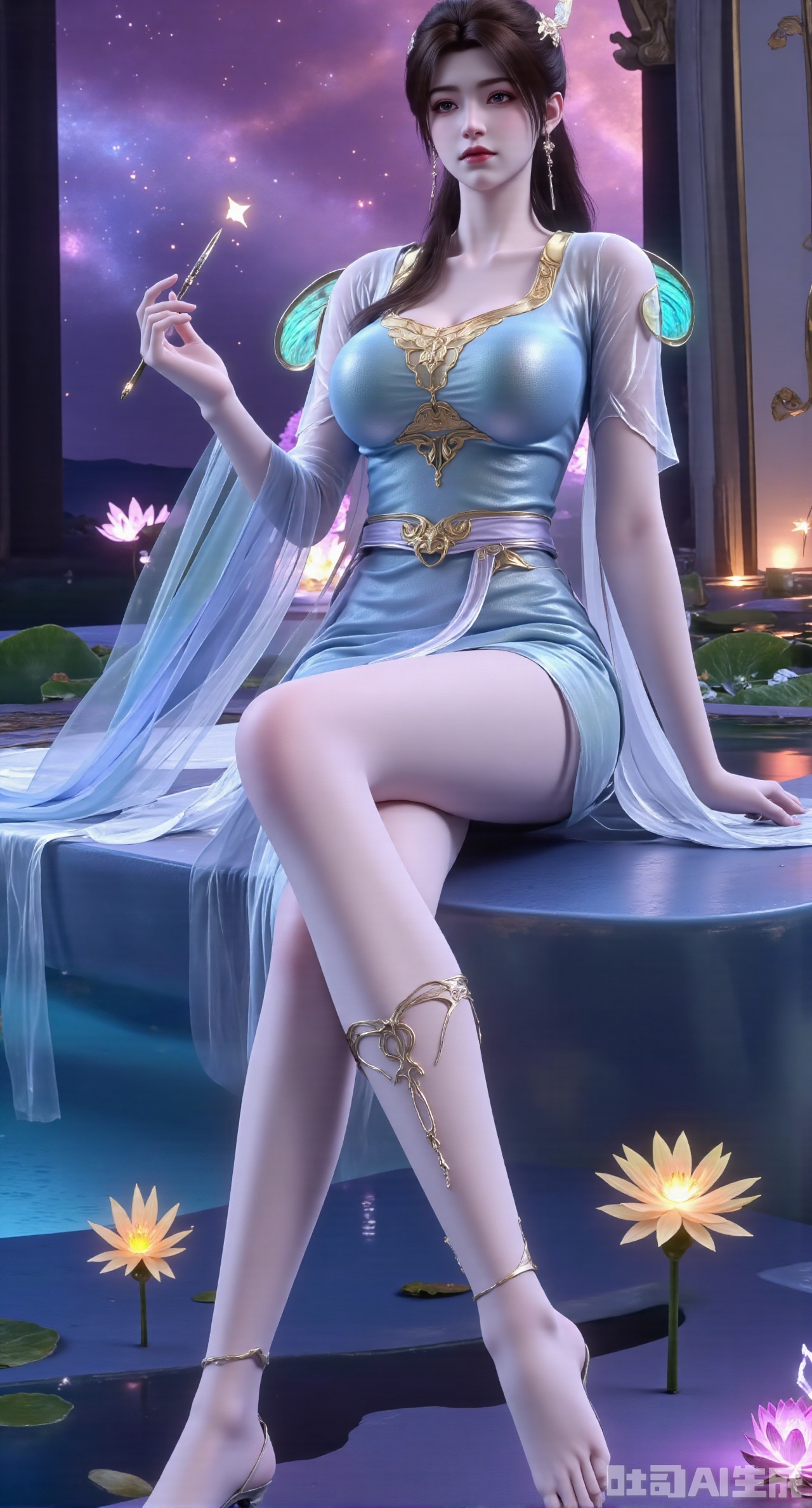 (masterpiece, best quality:1.2),1girl,looking_at_viewer,huge_breasts,,long legs,realistic,A captivating fantasy elf portrait set in a surreal, floating garden in the sky. The elf, with iridescent, translucent wings like those of a dragonfly, sits gracefully on a floating crystal lily pad. Her flowing hair shimmers with every color of the rainbow and cascades down, merging with the floating flora around her. Her eyes are deep pools of starlight, and her delicate, silver gown is adorned with tiny, twinkling constellations. The garden is filled with glowing, bioluminescent flowers and whimsical, hovering orbs of light. The backdrop features a swirling nebula sky with vibrant hues of pink and purple, creating a dreamlike, cosmic atmosphere. The portrait combines elements of ethereal beauty and celestial wonder, blending fantasy with a touch of otherworldly magic.,high_heel,, argyle legwear,star \(symbol\,yeqingxian,brown hair,(huge breasts:2.99),(full breasts:2.99),Xnanxiaochen,Xloubeimaoyi,Xrixisheyingfeng,Xnaiqishuiyi,Xzhaoxianger,Xzhaoxiangerziyi,Xyinyue