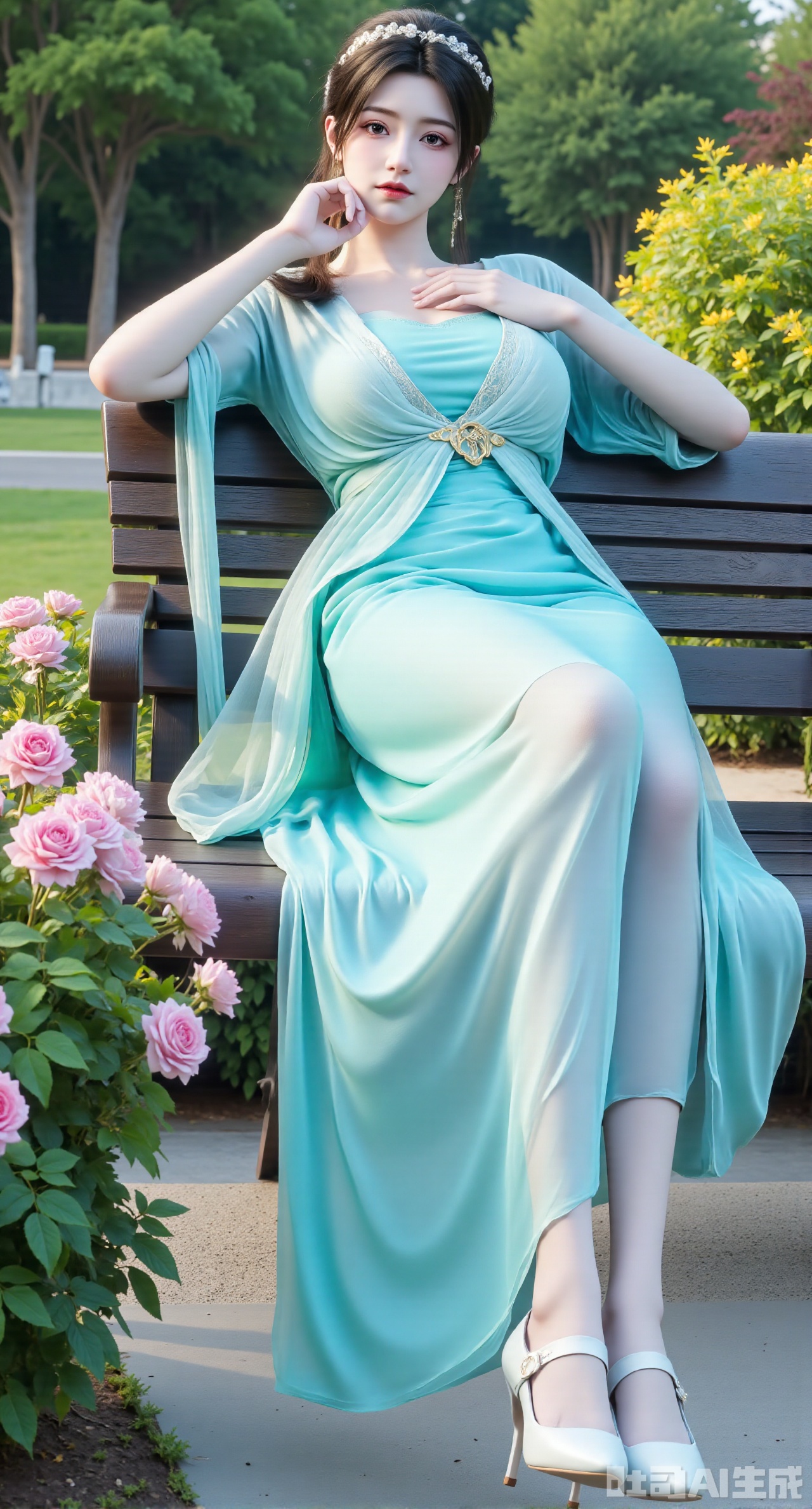 (masterpiece, best quality:1.2),A beauty wearing a pearl hairband dons a long dress, paired with a light cyan sheer knitted cardigan and white Mary Jane shoes. Leaning on a garden bench filled with macaron - colored flowers,.Sunlight filters through the leaves onto her face, creating a lazy and gentle atmosphere, and her skirt sways softly in the breeze. 8K resolution, detailed texture of knitted fabric, lustrous pearl texture, vivid flower colors, soft natural light, Instagram - style filter texture.,(huge breasts:2.99),(full breasts:2.99),Xnanxiaochen,Xloubeimaoyi,Xrixisheyingfeng,Xnaiqishuiyi,Xzhaoxianger