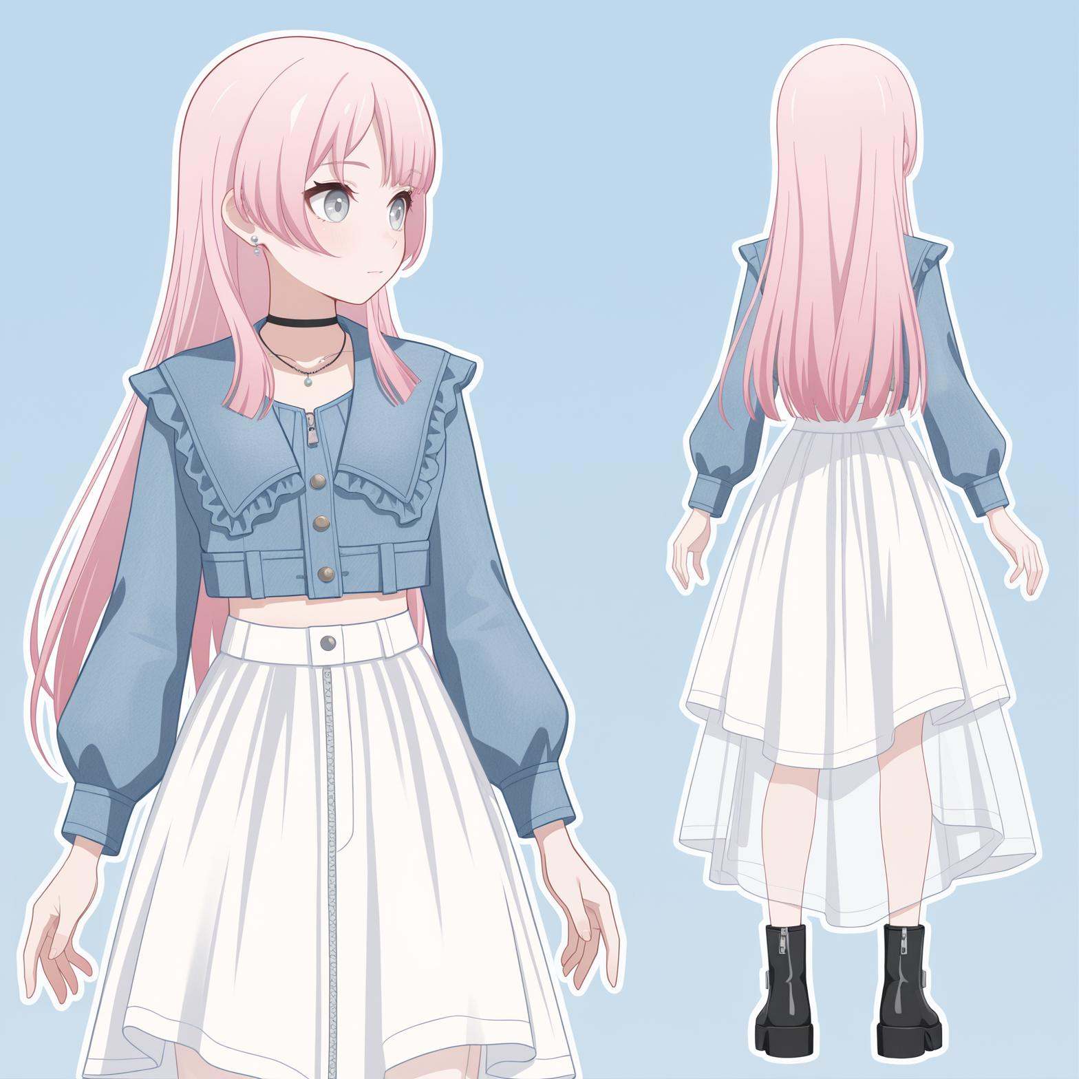 best quality,masterpiece,good quality,blue  background,white outline,pastel colors,1girl,two perspectives,(multiple perspectives:1.1),(from behind:1.1),(from_side:1.1),(front view:1.1),standing,<lora:anon:1>,anon,light blue-gray eyes,long hair,pink hair,straight hair,asymmetric bangs,sidelocks,two strands hair on chest,disantao,black choker,black high-top boots,blue jacket,zipper,blue shirt,buttons,denim cropped jacket,earrings,frills,long sleeves,necklace,see-through skirt,white long skirt,
