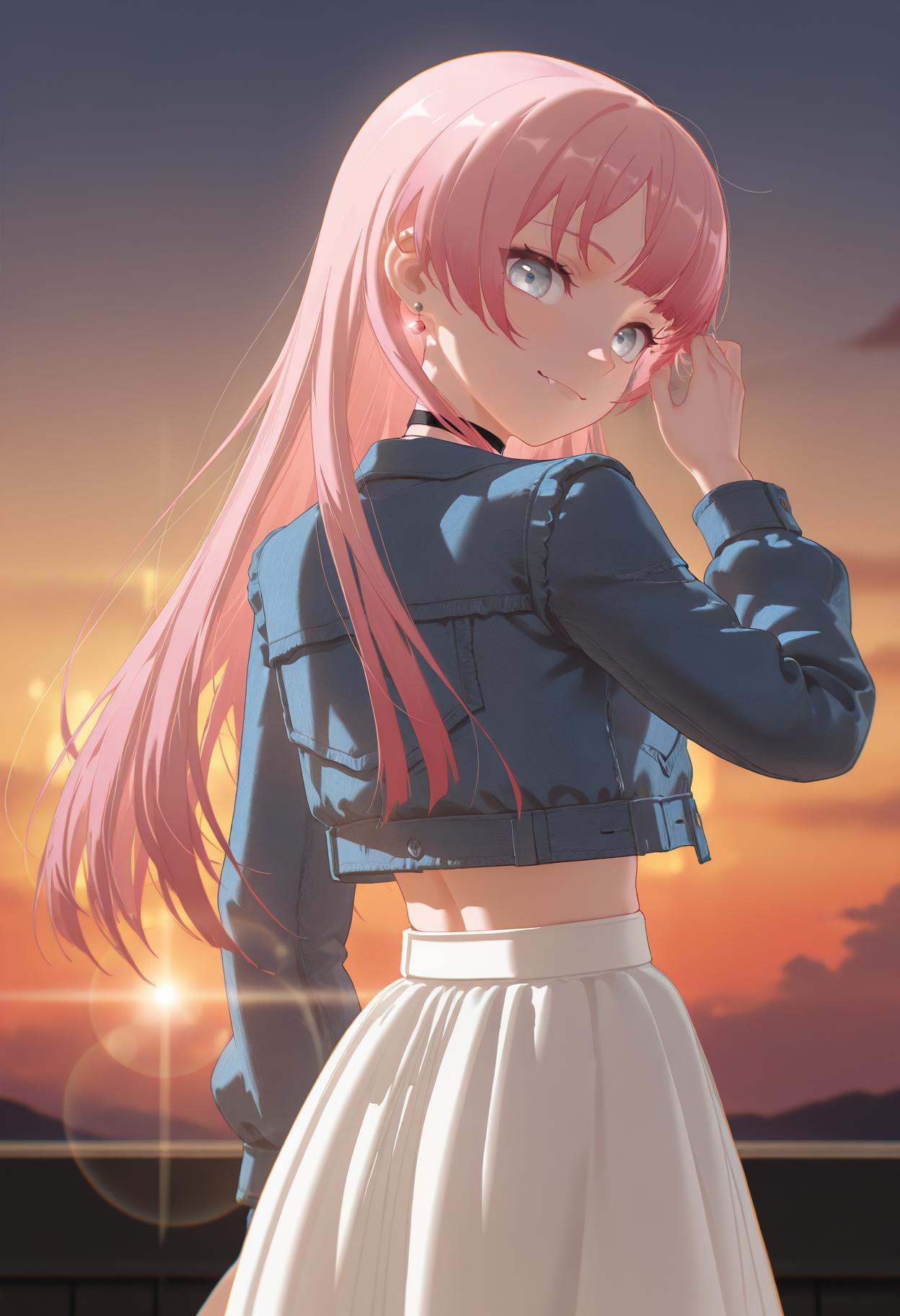 masterpiece,best quality,ultra-detailed,very aesthetic,sharp focus,detailed illustration,detailed background,score_9,score_8_up,score_7_up,source_anime,solo,1girl,looking at viewer,(from_back:1.3),upper_body,<lora:anon:1>,anon,light blue-gray eyes,long hair,pink hair,straight hair,asymmetric bangs,cut sideburns,disantao,black choker,blue jacket,denim cropped jacket,earrings,long sleeves,white long skirt,(dark:1.1),indoor,head tilt,Anamorphic Lens Flare,Lens Flare,Chromatic Aberration,God Rays,Rim Lighting,sunlight,sunset,hair_tucking,fang,smile,