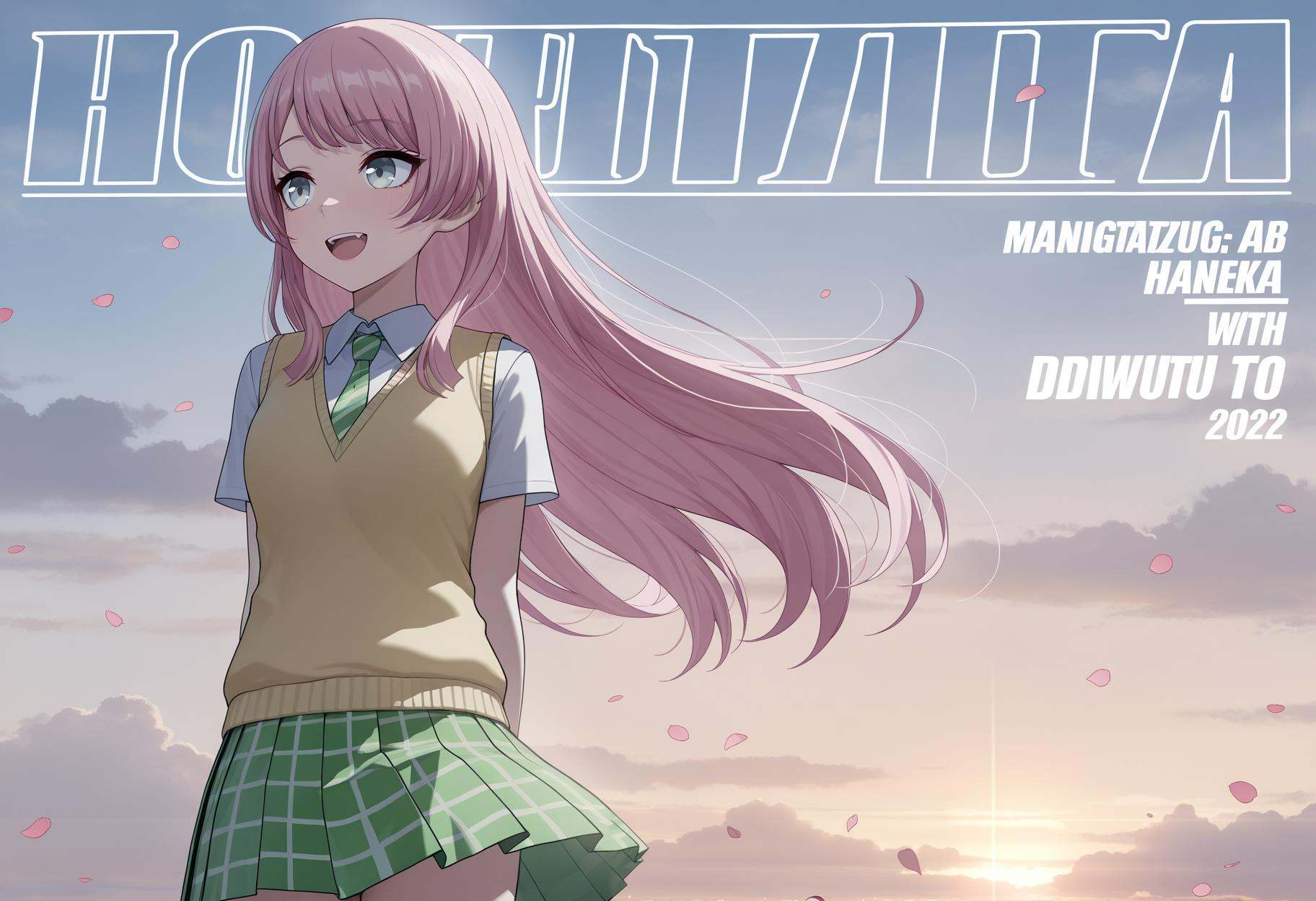 solo,(front view:1.3),looking_away,Cirrocumulus,Cirrostratus,sky,wind,petals,magazine cover,backlighting,text,masterpiece,best quality,amazing quality,very awa,absurdres,newest,very aesthetic,:d,fang,upper teeth only,light blue-gray eyes,long hair,pink hair,straight hair,asymmetric bangs,sidelocks,two strands hair on chest,diwutao,collared shirt,light green diagonal-striped necktie,light green plaid skirt,summertime haneoka school uniform,green kneehighs,pleated skirt,short-sleeved,yellow sweater vest,white uwabaki,white shirt,arms_behind_back,<lora:anon:1>,