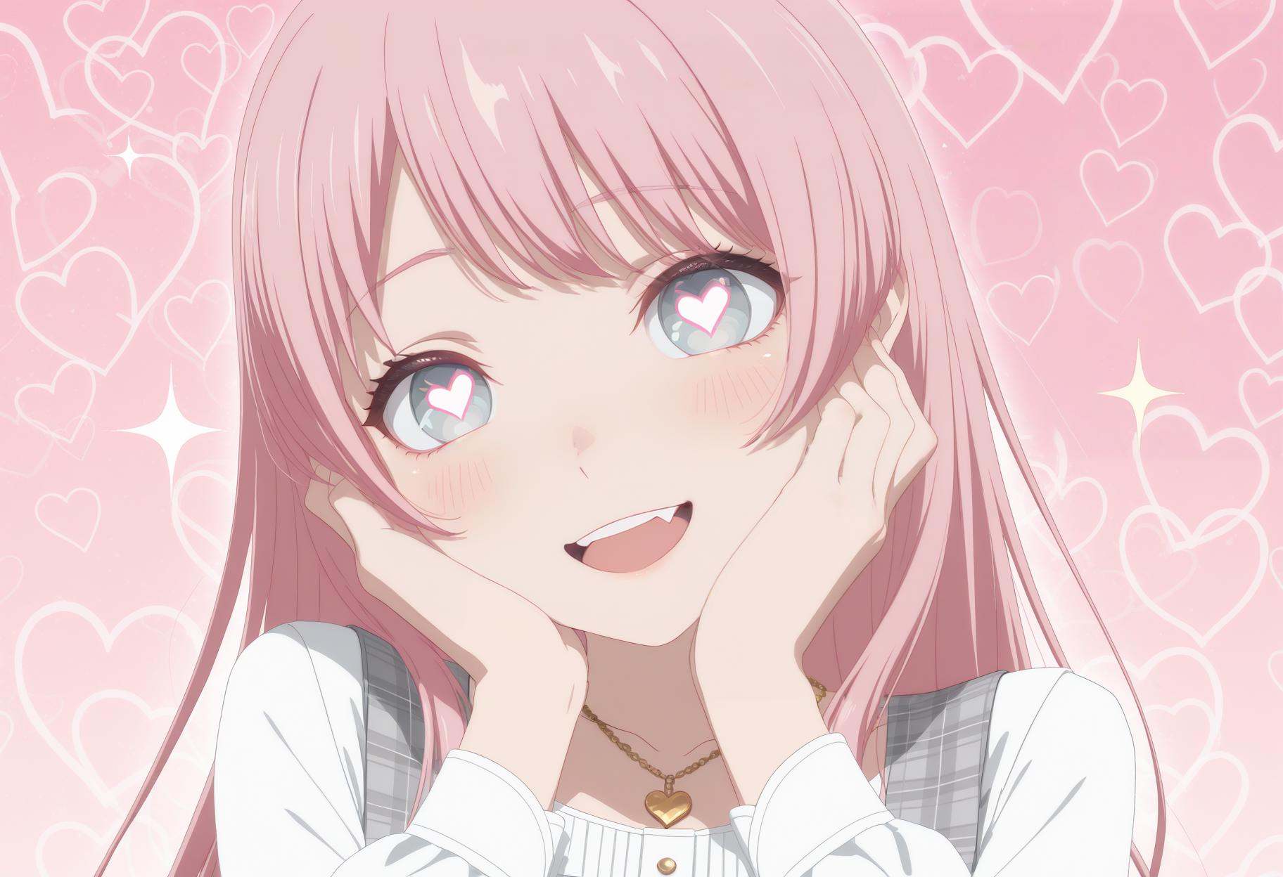 masterpiece,best quality,very aesthetic,absurdres,newest,no lineart,portrait,1girl,close-up,flat color,upper body,eye focus,sparkle,blush,<lora:anon:1>,anon,light blue-gray eyes,pink hair,asymmetric bangs,cut sideburns,diyitao,grey plaid dresses,gold heart necklace,long sleeves,pinafore dress,white shirt,look at looking at viewer,heart-shaped pupils,one fang,:d,upper teeth only,head_tilt,hands together,hands on right face,pink background,love background,