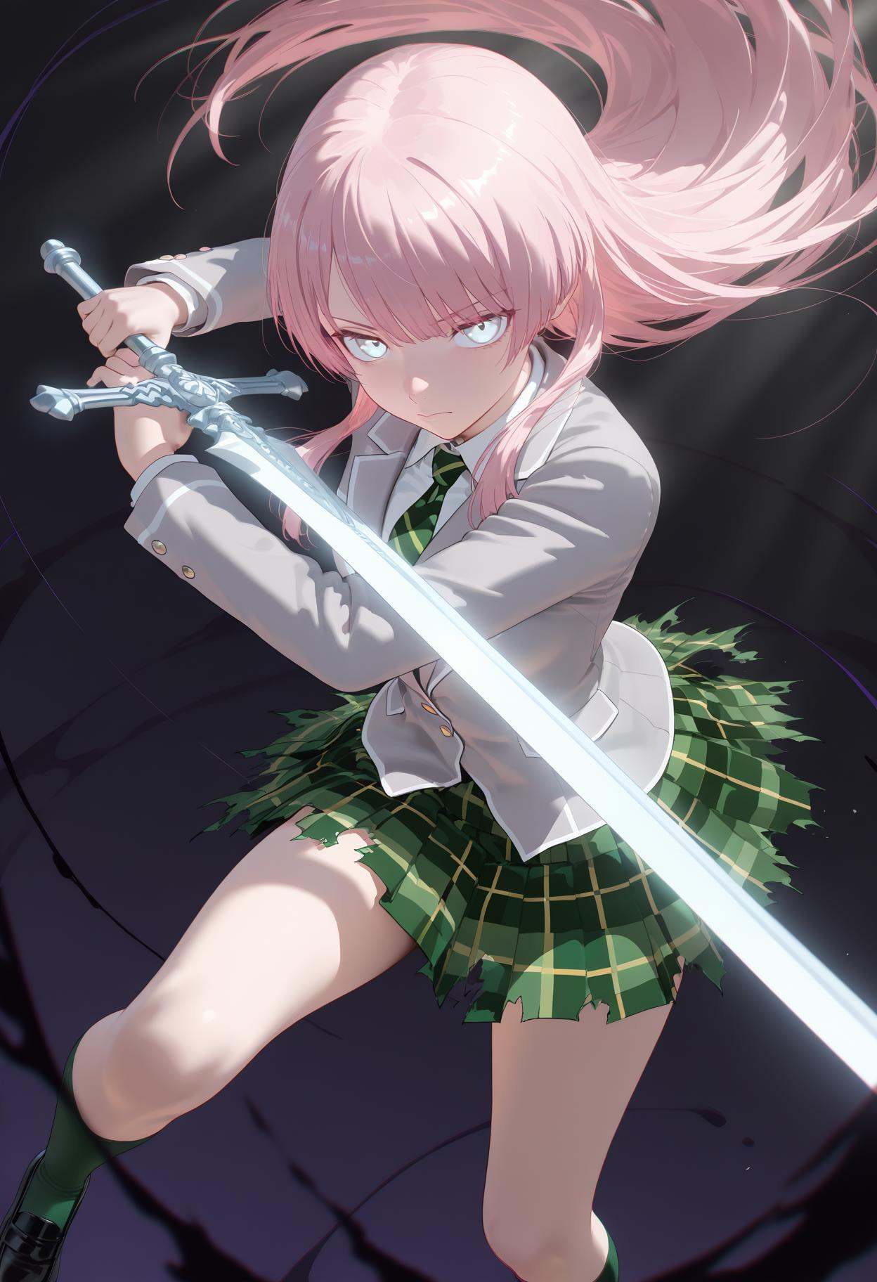 masterpiece,best quality,ultra-detailed,very aesthetic,sharp focus,detailed illustration,detailed background,score_9,score_8_up,score_7_up,source_anime,solo,1girl,looking at viewer,<lora:anon:1>,anon,light blue-gray eyes,long hair,pink hair,straight hair,asymmetric bangs,cut sideburns,disitao,black footwear,green plaid skirt,green diagonal-striped necktie,green socks,grey jacket,haneoka school uniform,kneehighs,loafers,long sleeves,pleated skirt,white shirt,torn_skirt,torn_jacket,holding holy sword of the cross,glowing sword,huge weapon,dynamic pose,dynamic_angle,tip of sword,tip of sword focus,(tip of sword close-up:1.1),perspective,fantasy,highres,background light,motion_blur,motion_lines,dark,flat_color,monochrome,cowboy_shot,close-up,disdain,contempt,(sunlight),dynamic angle,floating,floating white silk,(Holy Light),silver stars,(darkness:1.5),chromatic aberration,black theme,
