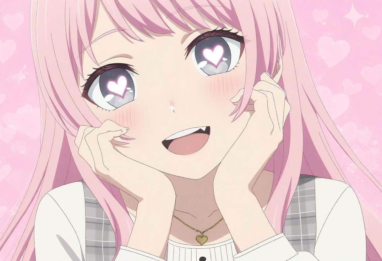 masterpiece,best quality,very aesthetic,absurdres,newest,no lineart,portrait,1girl,close-up,flat color,upper body,eye focus,sparkle,blush,<lora:anon:1>,anon,light blue-gray eyes,pink hair,asymmetric bangs,cut sideburns,diyitao,grey plaid dresses,gold heart necklace,long sleeves,pinafore dress,white shirt,look at looking at viewer,heart-shaped pupils,one fang,:d,upper teeth only,head_tilt,hands together,hands on right face,pink background,love background,