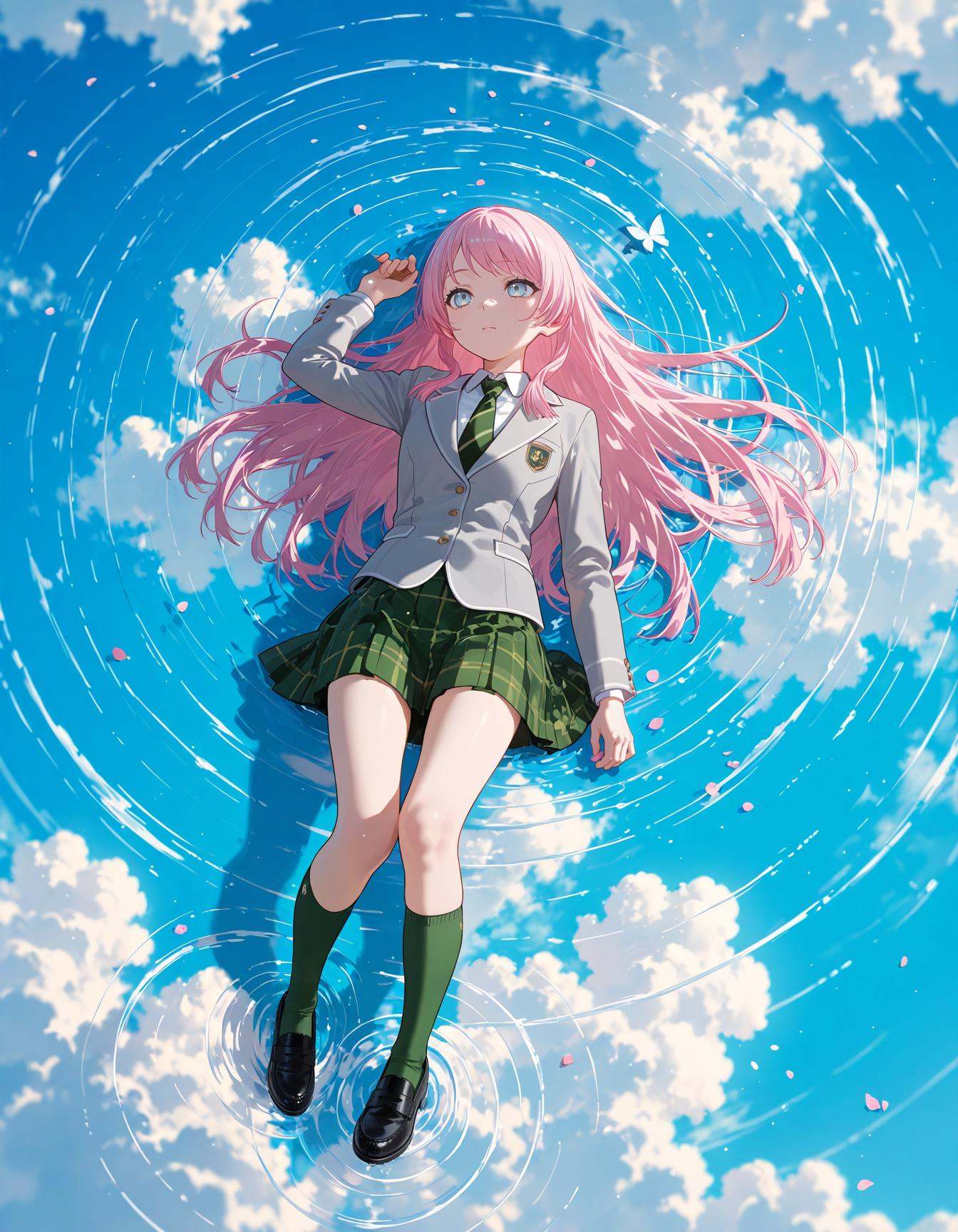 1girl,<lora:chihaya_anon_IlluXL>,chihaya anon,pink hair,long hair,asymmetric bangs,full body,Straight hair,Light Gray-blue eyes,Cut sideburns,score_9,score_8_up,score_7_up,source_anime,on back,water,petals,butterfly,ripples,soft natural lighting,soft shadows,blue theme,in spring,day,from_side,from_above,looking_up,masterpiece,best quality,ultra-detailed,very aesthetic,sharp focus,vibrant colors,ray tracing,best lighting,detailed illustration,detailed background,cinematic,disitao,black footwear,green plaid skirt,green diagonal-striped necktie,green socks,grey jacket,haneoka school uniform,kneehighs,loafers,long sleeves,pleated skirt,white shirt,cloud,