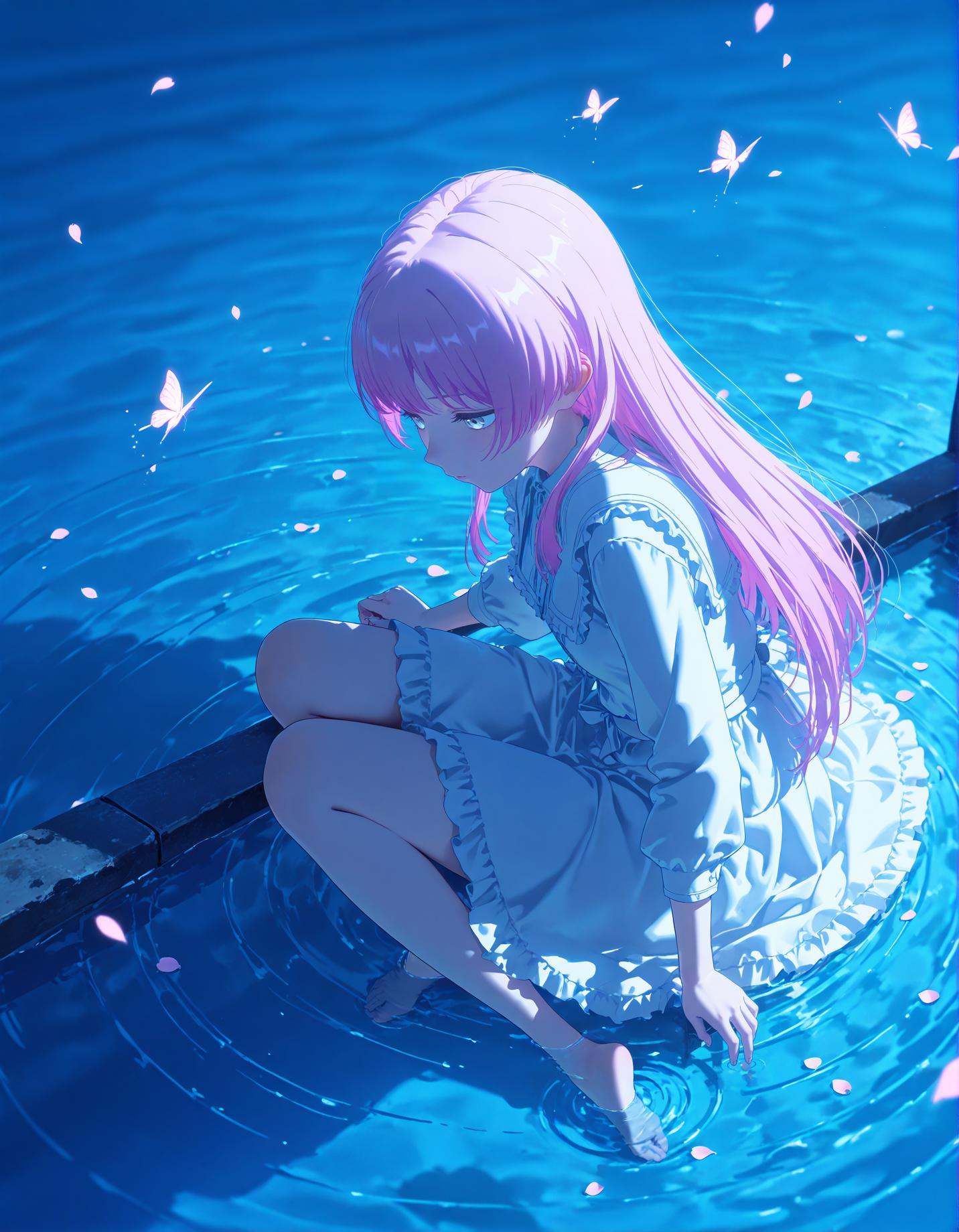 1girl,score_9,score_8_up,score_7_up,source_anime,sit,Under the bridge,barefooted,waterside,floating petals,butterfly,ripples,soft natural lighting,soft shadows,blue theme,in spring,day,looking_down,from_side,from_above,masterpiece,best quality,ultra-detailed,very aesthetic,sharp focus,vibrant colors,ray tracing,best lighting,detailed illustration,detailed background,cinematic,<lora:anon:1>,anon,light blue-gray eyes,long hair,pink hair,straight hair,asymmetric bangs,cut sideburns,detailed feet,