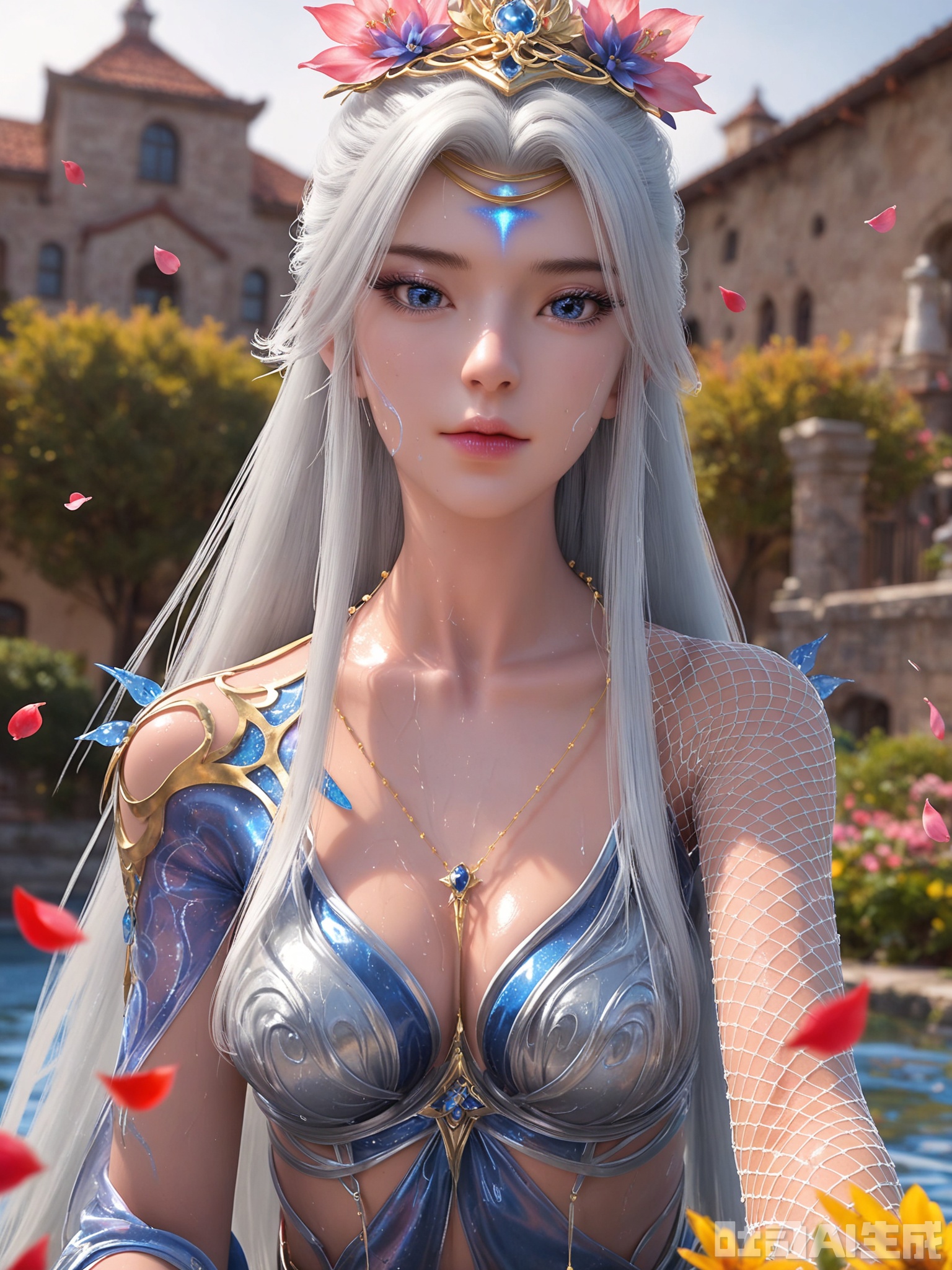 score_9,score_8_up,score_7_up,realistic,photorealistic,1girl,looking_at_viewer,realistic,1girl,Vivid Colors,bright environment,delicate water,hair_ornament,shiny skin,shiny hair,reflection,dress,flower sea,falling petals,extreme detail description,(upper body:0.3),put one hand on your side,long_hair,(skindentation:1.3),Fishnet stockings,bright,sunshine on face,light,sweating,dress,light,sitting_down,glowing,sunshine,bright,reflection