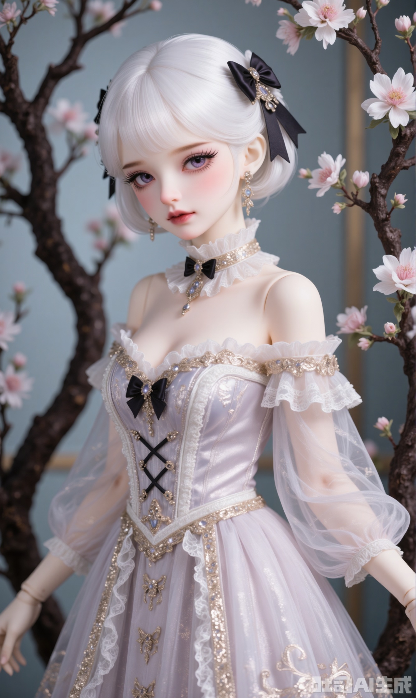 1girl, solo, breasts, looking at viewer, short hair, bangs, hair ornament, long sleeves, dress, bow, bare shoulders, jewelry, standing, purple eyes, flower, white hair, hair bow, earrings, indoors, tree, lips, see-through, grey eyes, black bow, detached collar, branch, see-through sleeves