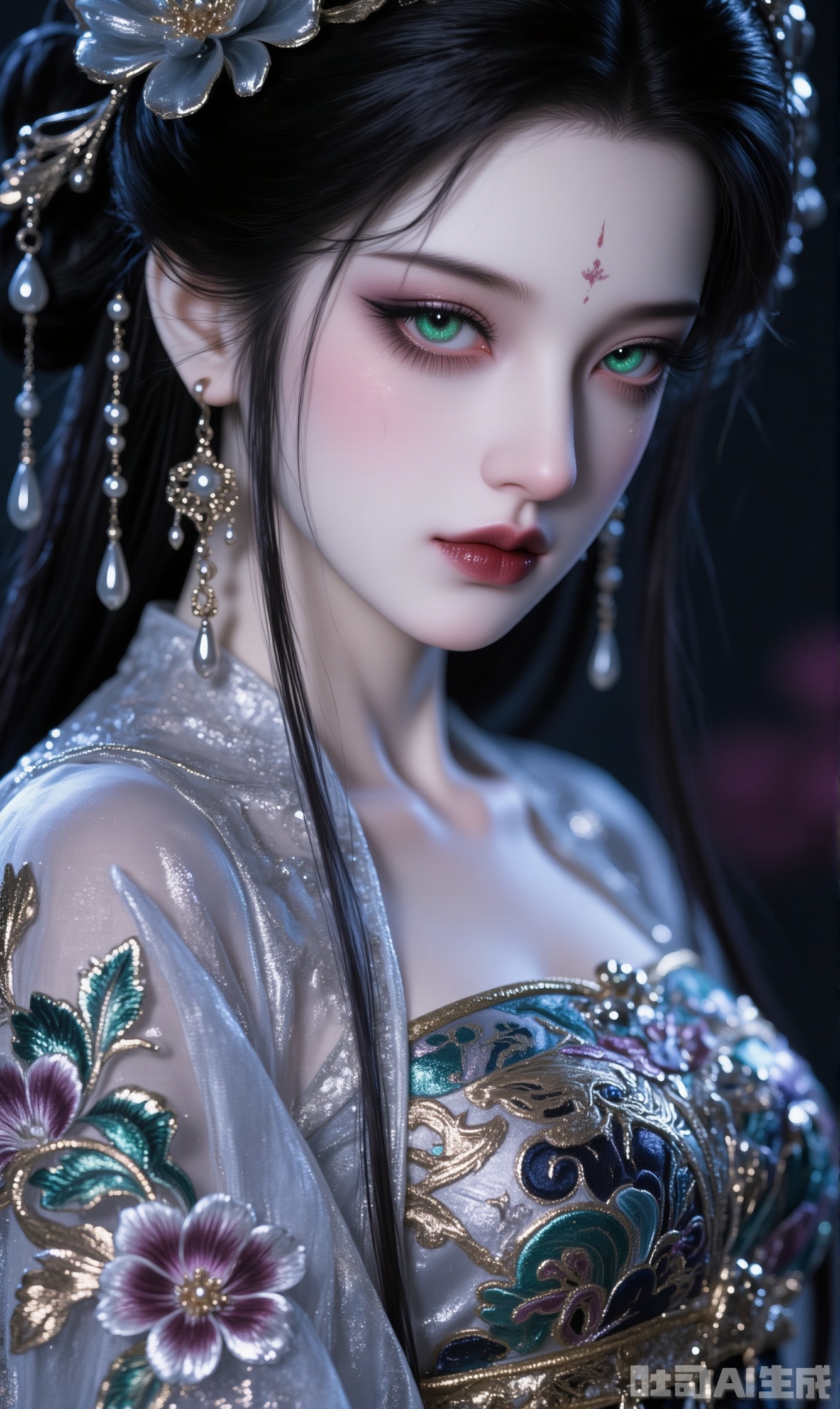 1girl, solo, long hair, black hair, hair ornament, jewelry, green eyes, earrings, parted lips, lips, eyelashes, makeup, facial mark, chinese clothes, portrait, close-up, forehead mark, red lips