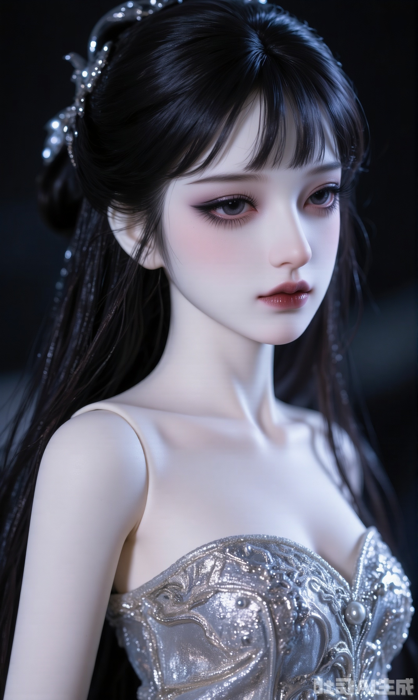 1girl, solo, long hair, looking at viewer, bangs, black hair, bare shoulders, closed mouth, collarbone, upper body, black eyes, lips, , realistic,jbd