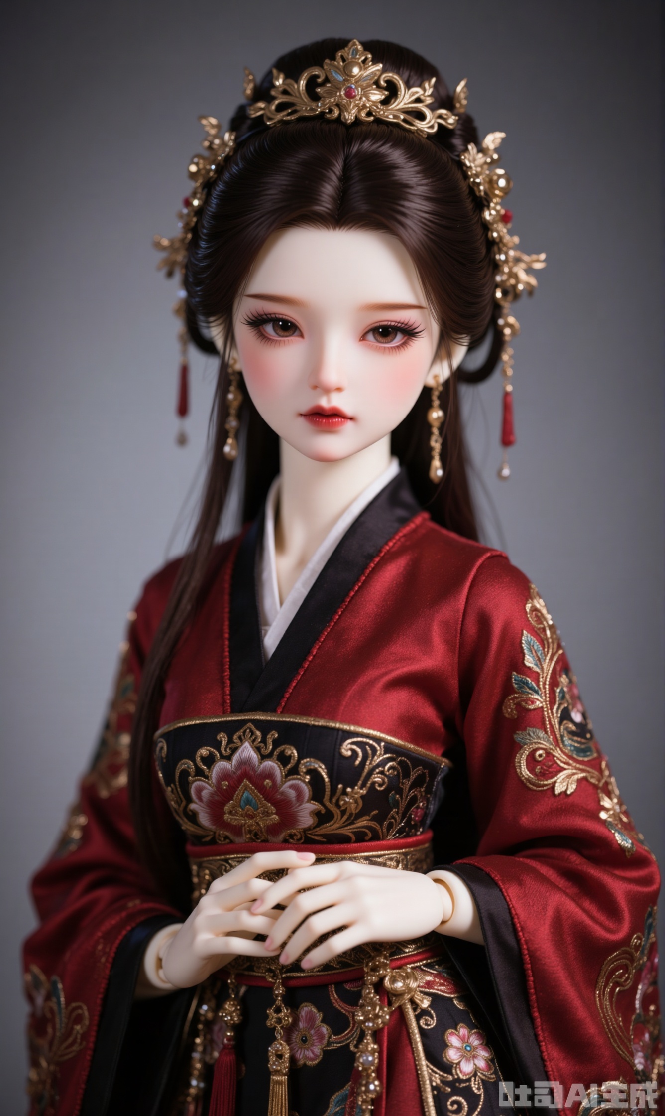 1girl, solo, looking at viewer, brown hair, black hair, hair ornament, long sleeves, dress, brown eyes, jewelry, closed mouth, upper body, earrings, makeup, chinese clothes, red dress, red lips,bjd