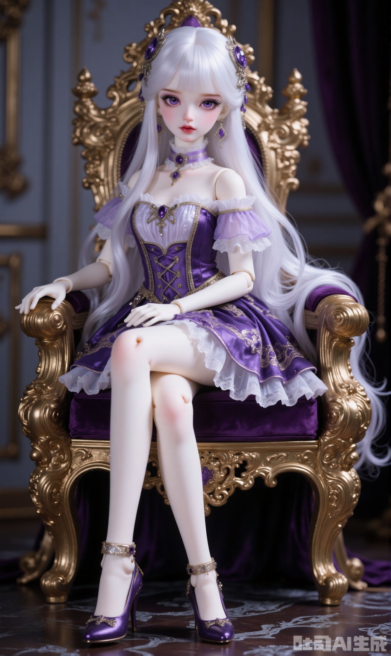 1girl, solo, long hair, looking at viewer, hair ornament, gloves, dress, jewelry, sitting, purple eyes, full body, white hair, earrings, white gloves, high heels, crossed legs, purple dress, anklet, joints, doll joints,bjd