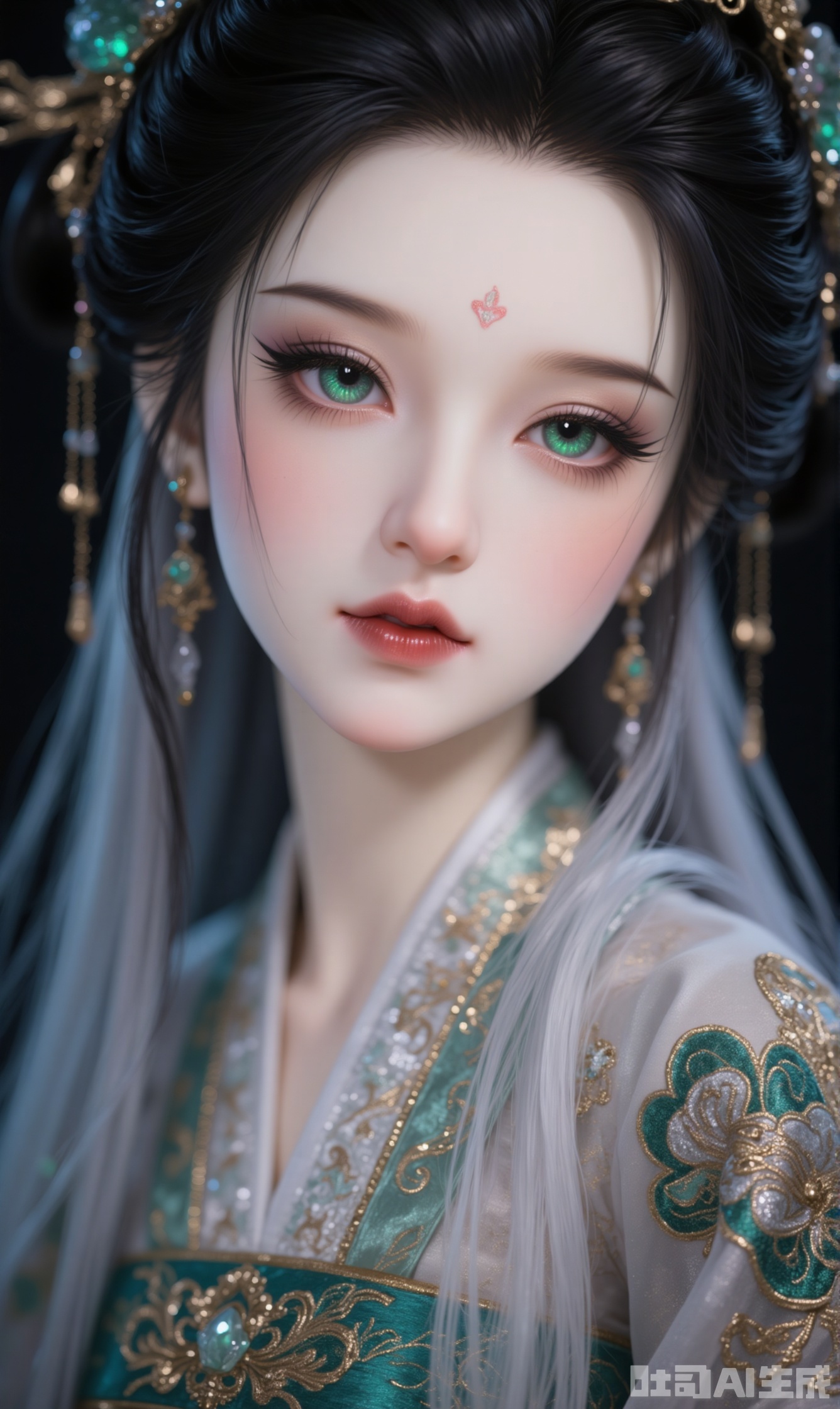 1girl, solo, long hair, black hair, hair ornament, jewelry, green eyes, earrings, parted lips, lips, eyelashes, makeup, facial mark, chinese clothes, portrait, close-up, forehead mark, red lips