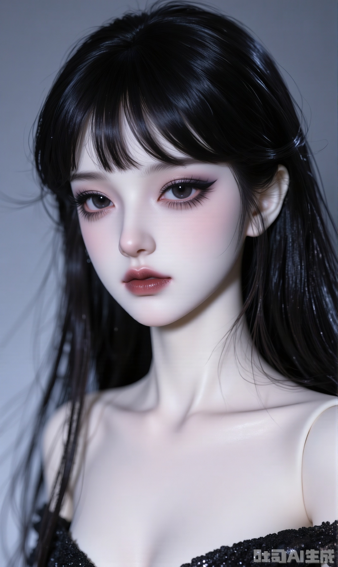1girl, solo, long hair, looking at viewer, bangs, black hair, bare shoulders, closed mouth, collarbone, upper body, black eyes, lips, , realistic,jbd