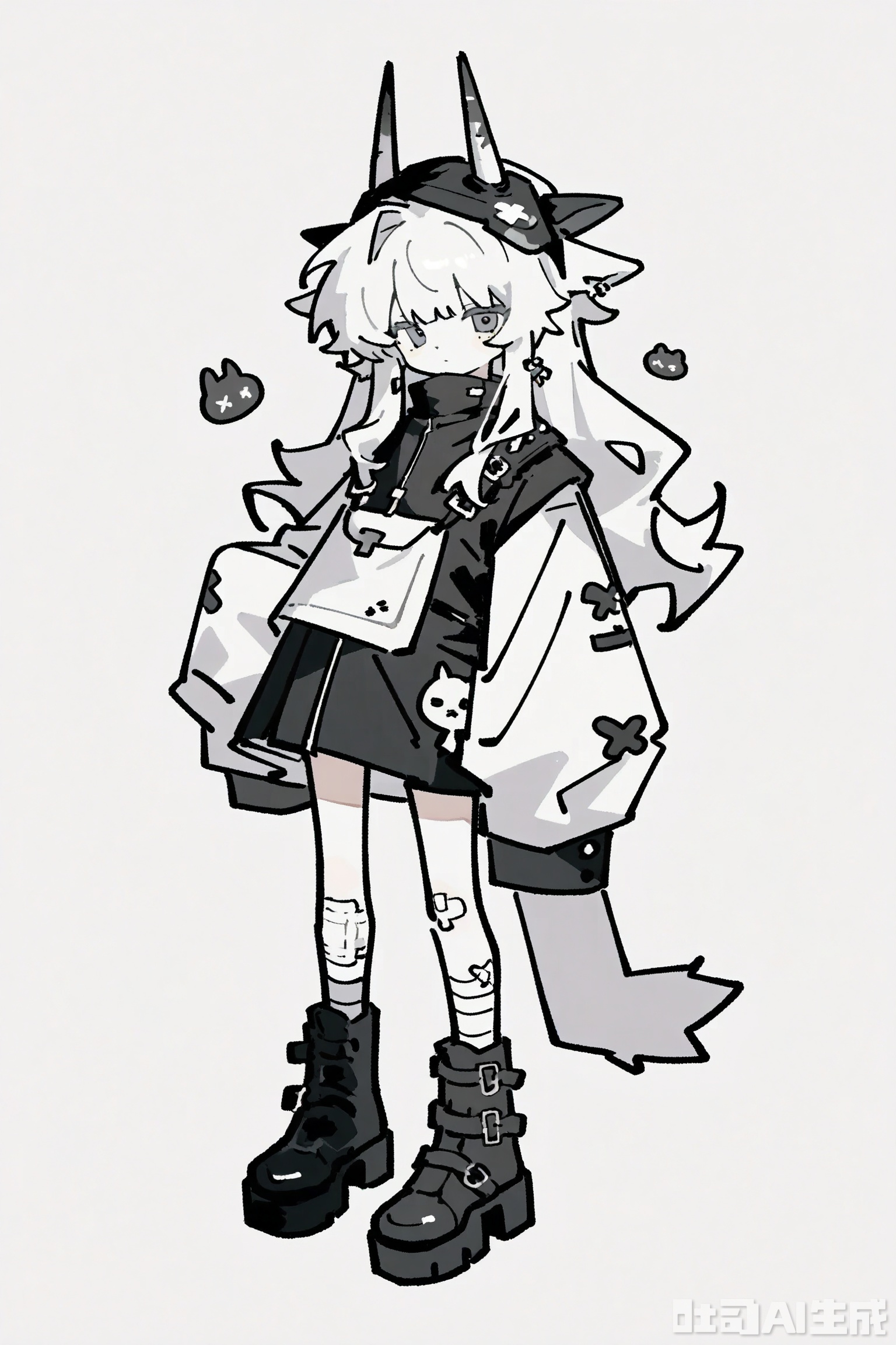 1girl, solo, long hair, looking at viewer, bangs, simple background, long sleeves, white background, dress, animal ears, jewelry, closed mouth, standing, jacket, full body, white hair, earrings, boots, horns, black footwear, sleeves past wrists, grey eyes, mask, bandaid, sleeves past fingers