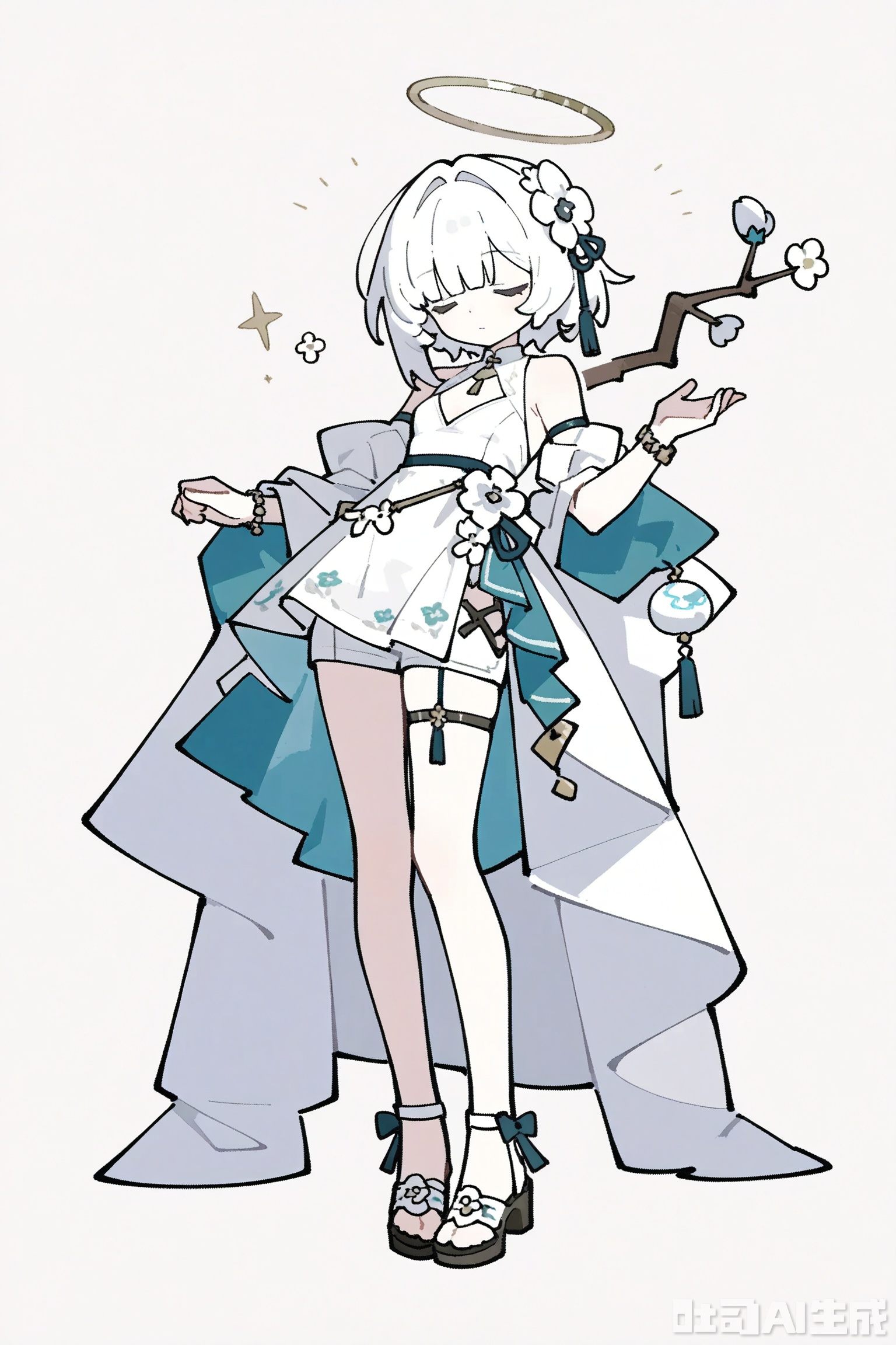 1girl, solo, breasts, short hair, bangs, hair ornament, long sleeves, dress, bare shoulders, jewelry, closed mouth, standing, full body, closed eyes, flower, white hair, small breasts, detached sleeves, shorts, hand up, hair flower, wide sleeves, grey background, white dress, bracelet, halo, sandals, white flower, tassel, branch