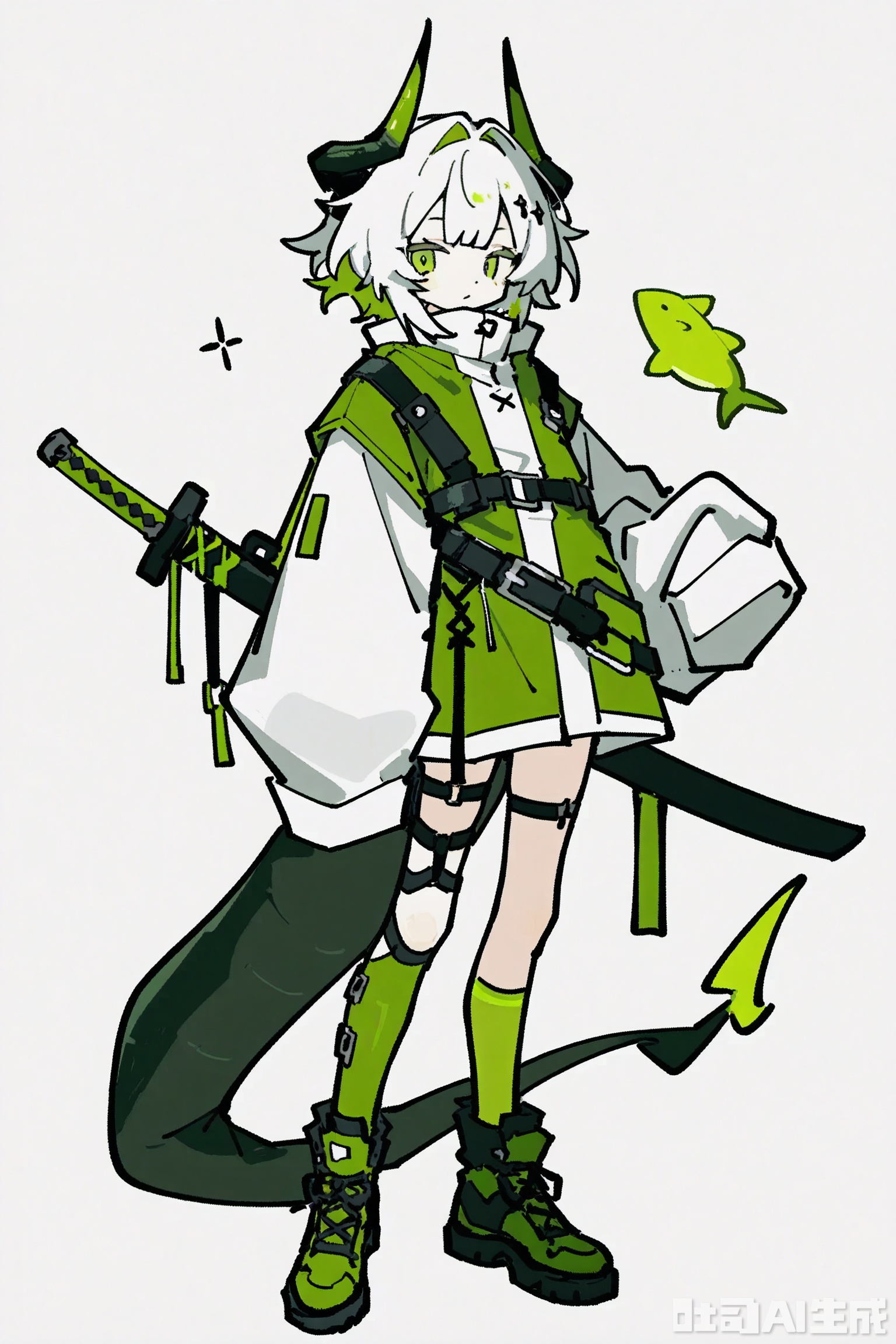 1girl, solo, looking at viewer, short hair, bangs, simple background, thighhighs, long sleeves, green eyes, standing, jacket, tail, full body, weapon, white hair, multicolored hair, green hair, horns, sword, white background, sleeves past wrists, single thighhigh, sheath, green theme