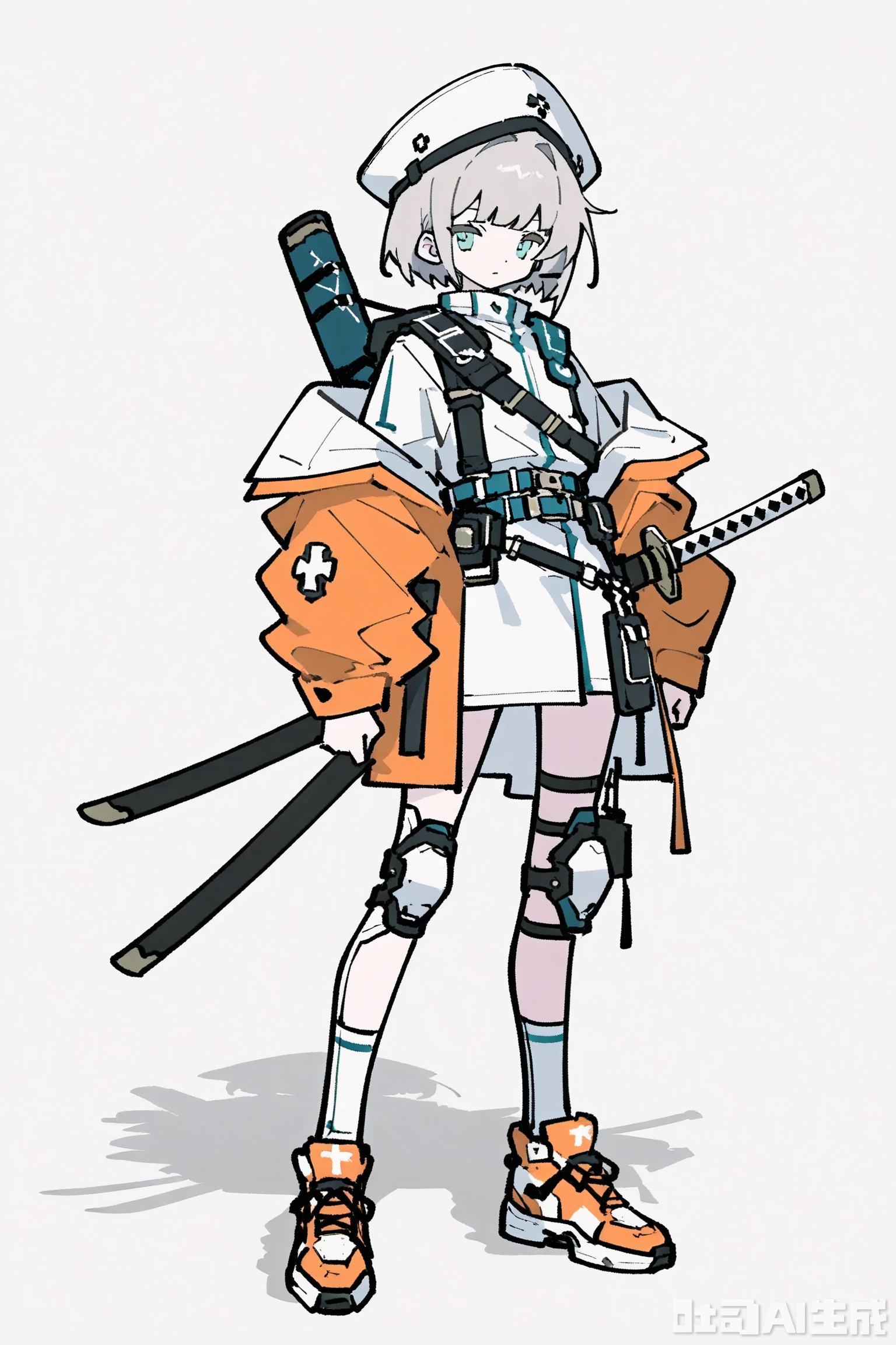 1girl, solo, looking at viewer, short hair, bangs, blue eyes, simple background, hat, white background, standing, jacket, full body, weapon, grey hair, shoes, belt, sword, off shoulder, aqua eyes, coat, shadow, katana, sheath, sneakers, science fiction, sheathed, scabbard, flat color, orange footwear