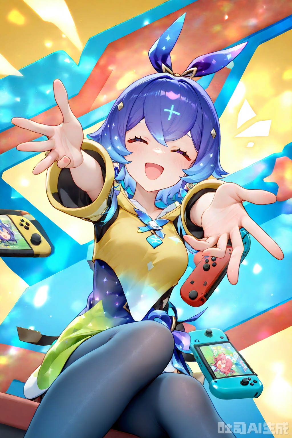 ,A girl is sitting and holding a switch2, reaching towards the viewer,Happy, laugh, smile,switch2,Game console promotional film