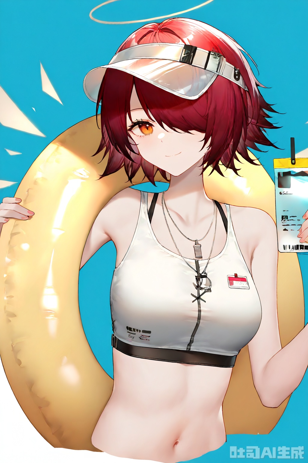  1girl, exusiai \(arknights\), solo, red hair, short hair, upper body, halo, looking at viewer, white background, visor cap, smile, swim ring, holding, simple background, innertube, necklace, jewelry, crop top, bare shoulders, orange eyes, hair over one eye, cropped torso