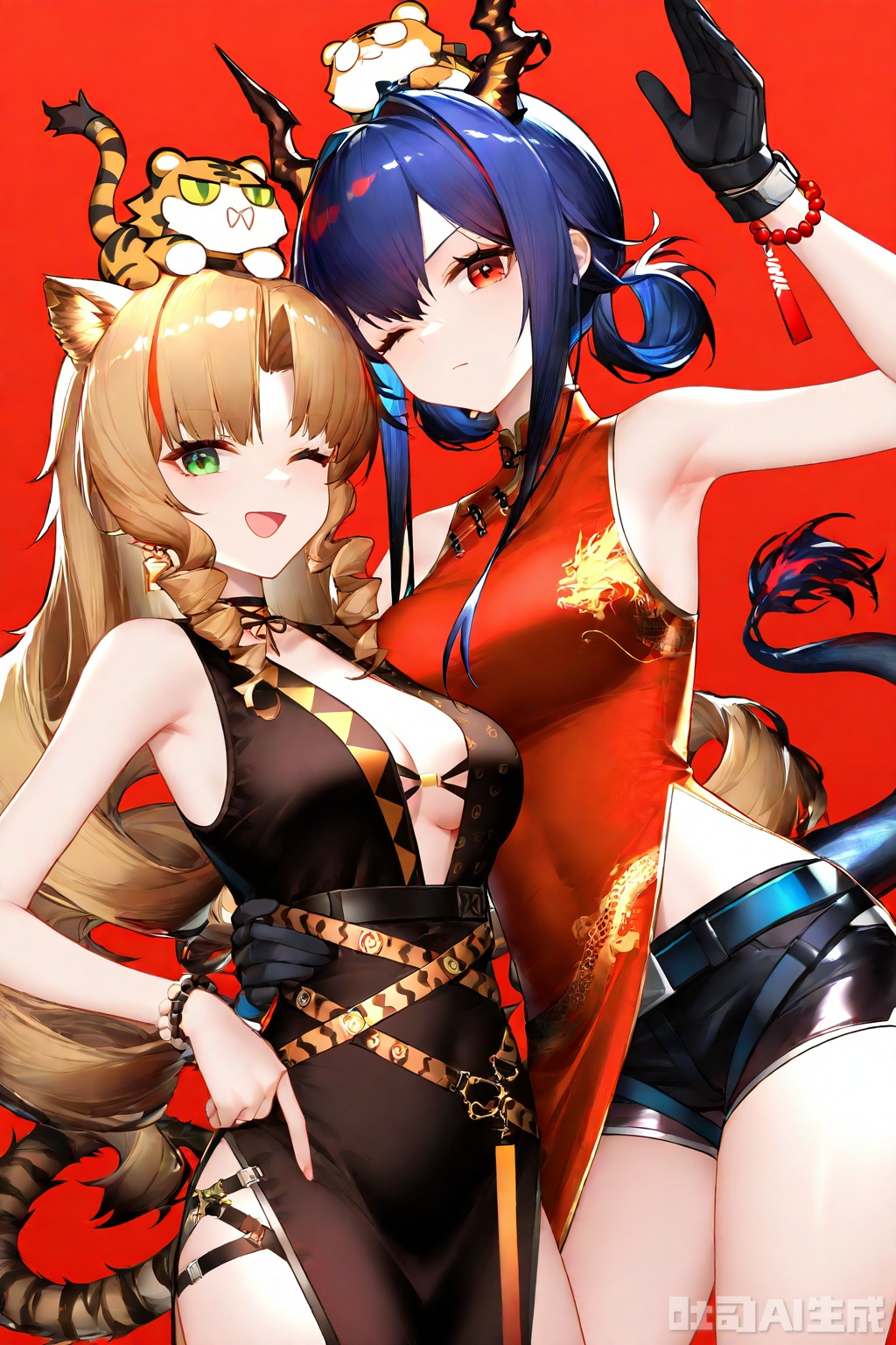  ch'en \(arknights\), multiple girls, 2girls, dress, swire \(arknights\), red dress, horns, official alternate costume, sleeveless dress, blue hair, bracelet, on head, animal on head, china dress, red eyes, sleeveless, chinese clothes, animal ears, hair bun, dragon horns, red background, tiger ears, gloves, bead bracelet, long hair, green eyes, one eye closed, tail, streaked hair, looking at viewer, bare shoulders, red hair, clothing cutout, multicolored hair, black gloves, beads, double bun, jewelry, simple background, chinese zodiac, cowboy shot, sidelocks, tiger, black shorts, hair between eyes