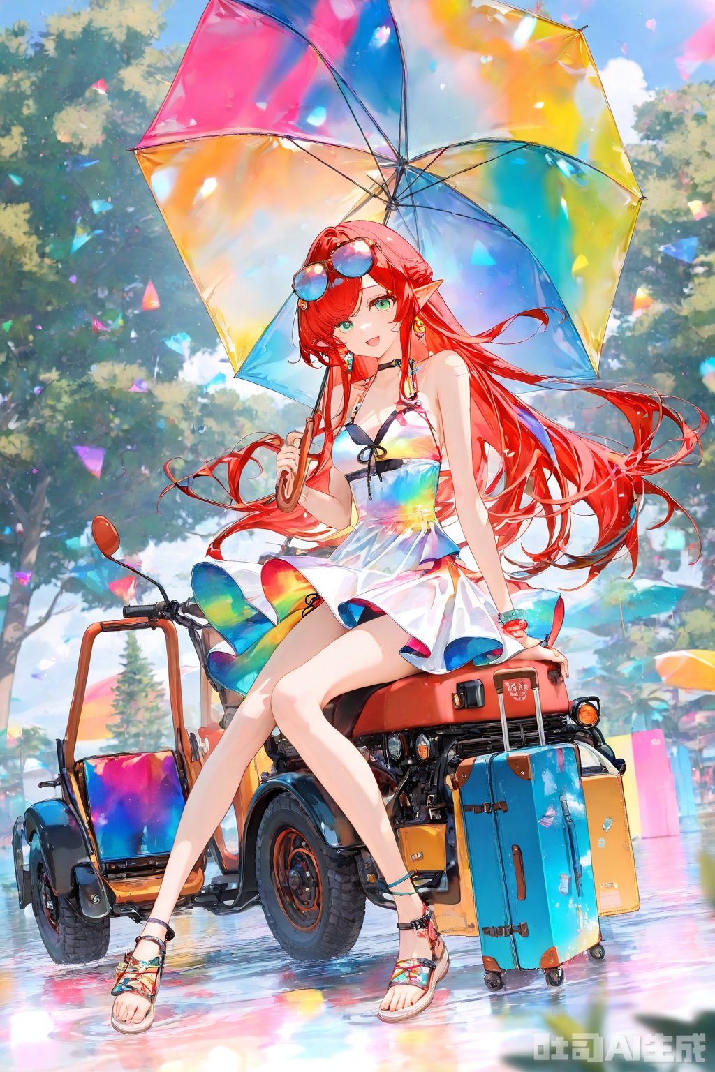 (Masterpiece), (Best Quality),(Chocoan:0.5),(Mika Pikazo:0.4),(wlop:0.4),Illustration, Depth of Field, (Color),masterpiece,best quality,high quality,extremely detailed CG unity 8k wallpaper,extremely detailed,High Detail,vibrant colors,anime style,cover art,extreme aesthetic,masterpiece,best quality,good quality,newest,very aesthetic,absurdres,Visual impact,32K UHD,colorful,sharp focus,impactful picture,offcial art, , 1girl, solo, long hair, looking at viewer, smile, open mouth, dress, holding, sitting, swimsuit, red hair, outdoors, pointy ears, tree, umbrella, sandals, ground vehicle, eyewear on head, suitcase