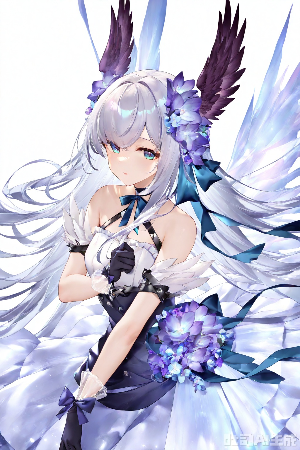 1girl, solo, long hair, flower, dress, looking at viewer, detached sleeves, blue eyes, ribbon, wings, head wings, gloves, purple flower, grey hair, white background, blue ribbon, very long hair, blue flower