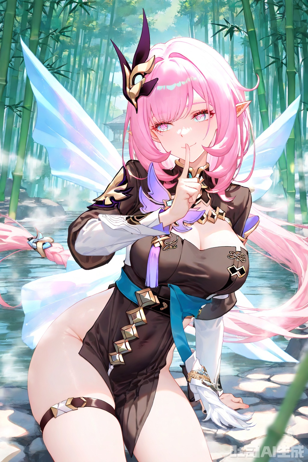 ALCY,1 girl,braid,Hanfu,sash,feather robe,detached sleeves,long sleeves,thigh straps,hair ornament,pink eyes,long hair,Elysia (Honkai Impact),single hair ring,steam,beautiful eyes,bamboo forest,masterpiece,((artist: reoen), (artist: fuzichoco), (artist: atdan), (artist: torino_aqua), year 2024:0.8),1 girl,[artist: wlop],[artist: ningen_mame],artist: ciloranko,smile,(using one finger to support the mouth:1.2),(gazing straight ahead:1.2),